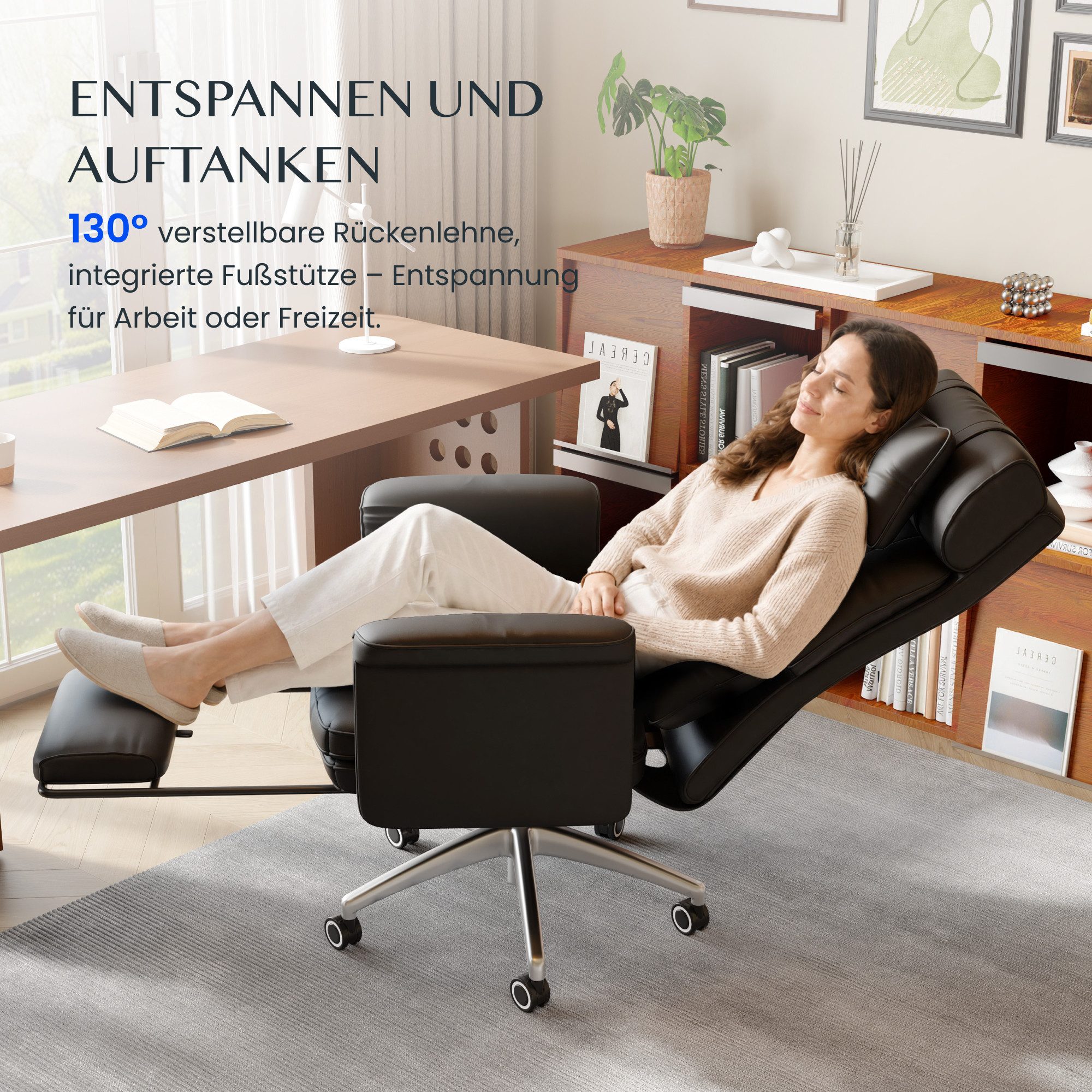 FLEXISPOT Stuhl Haustierfreundlicher Bürostuhl Chefsessel mit 180° Klapparmlehnen (Erweiterbare Sitzfläche bis 112 cm, kratzfestem Katzenkrallenleder, Fußstütze – Bild 5 von 5