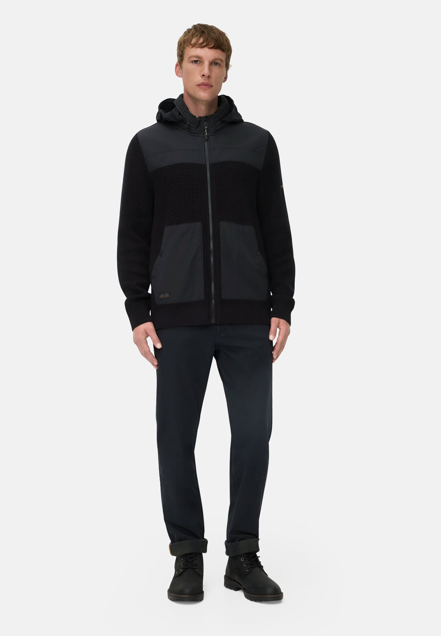 camel active Strickjacke mit einrollbarer Kapuze Langarm Stehkragen