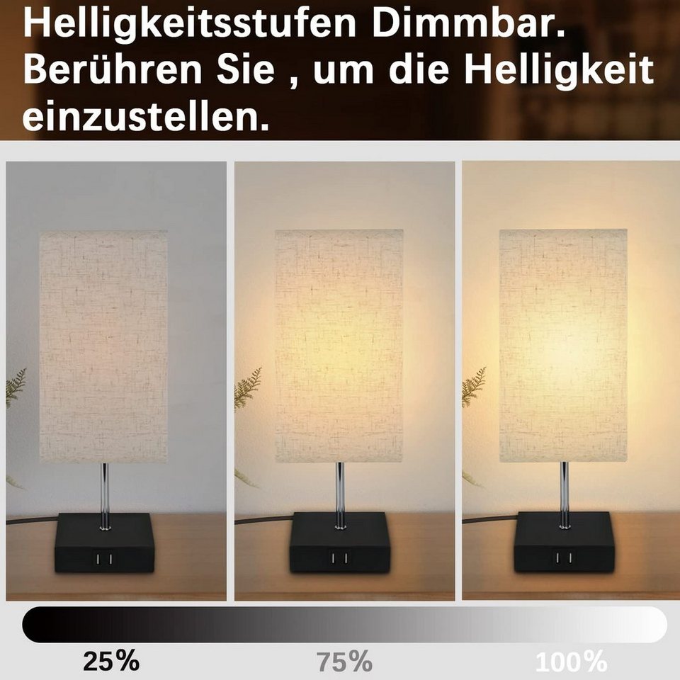 mit Vintage Touch Stoffschirm Wohnzimmer Nettlife Dimmbar Tischlampe Schlafzimmer USB Kinderzimmer Leuchtmittel, mit LED Arbeitszimmer E27, Ladefunktion für ohne USB-Anschlüssen, Nachttischlampe 2