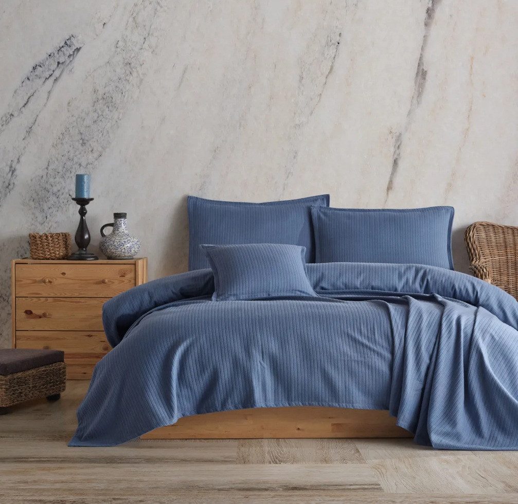 Wohndecke Wohndecke Yasmin in Strickoptik aus Biobaumwolle Blaugrau, Sandiik