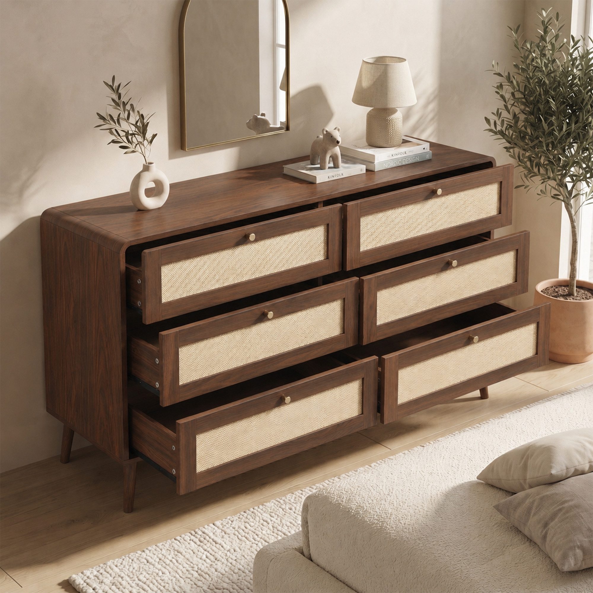 Flieks Kommode, Sideboard 120x40x80cm mit 6 Schubladen, PE-Rattan Schubladenfront