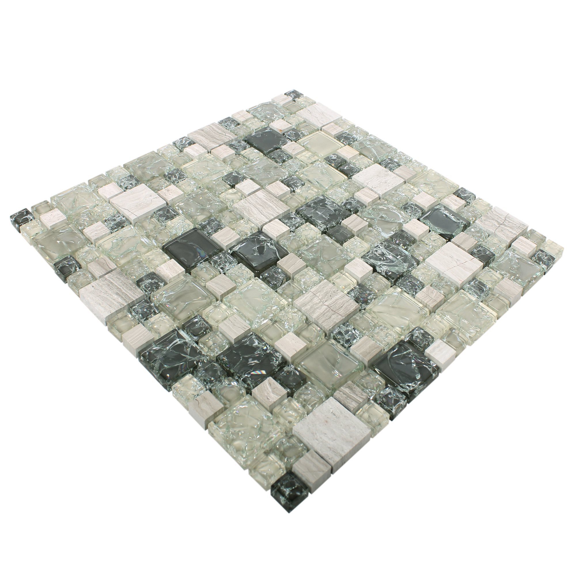 Mosafil Mosaikfliesen Glas Marmor Mosaikfliesen Malawi Bruchglas 2 Mix, Naturstein-Glas-Marmor 30.500x30.500, braun-grau-grün, Verlegefertig auf ein Netz geklebt - Frostsicher - Wasserfest