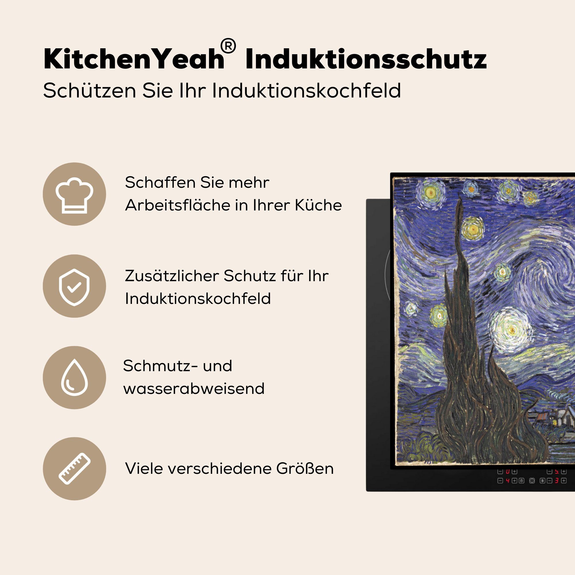 Ceranfeldabdeckung Vincent Vinyl, Gogh, Induktionsmatte van tlg), für Sternennacht MuchoWow Herdblende-/Abdeckplatte (1 die - cm, 59x52 küche,