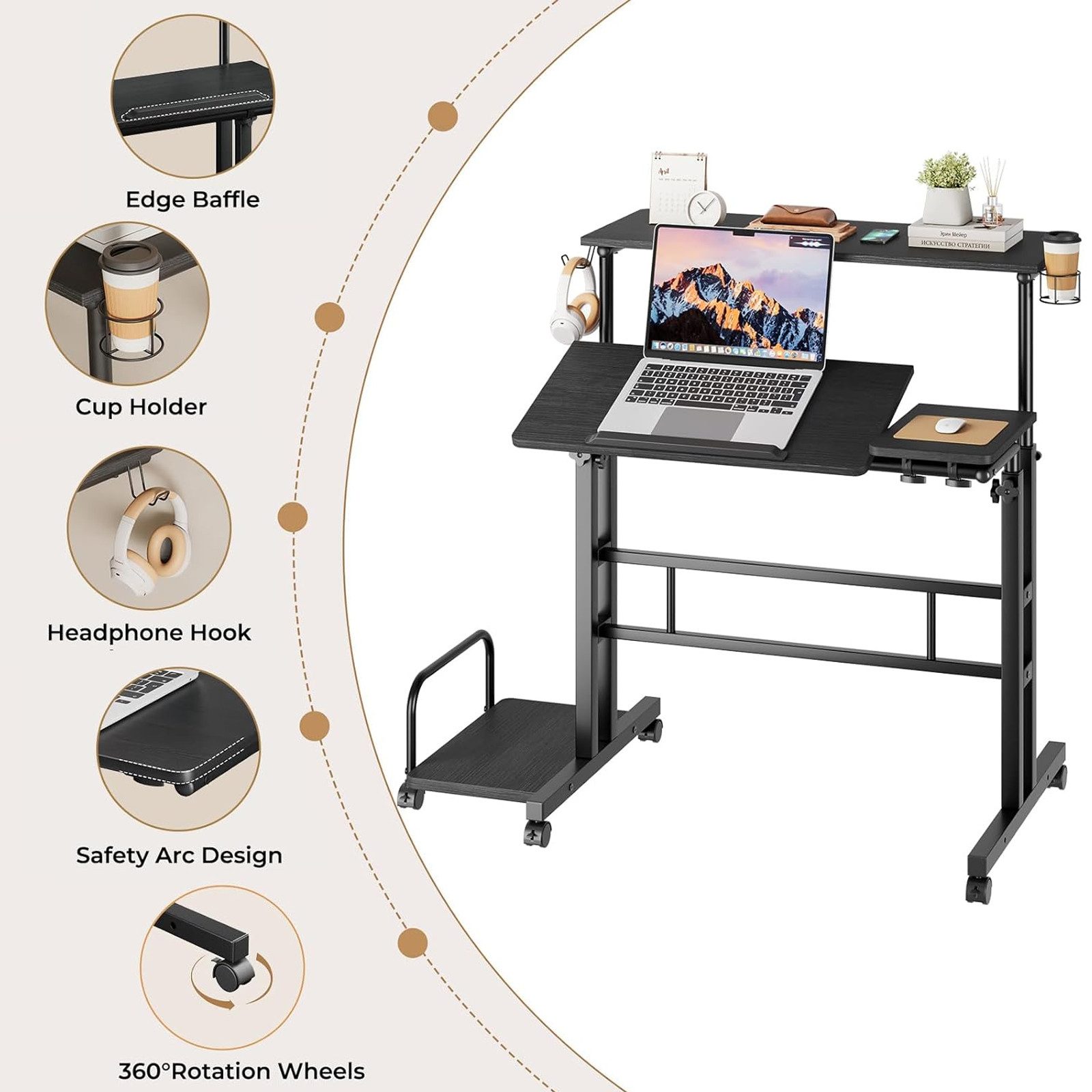 OUNUO Computertisch Höhenverstellbar Laptoptisch mit Rollen und kippbarer Tischplatte