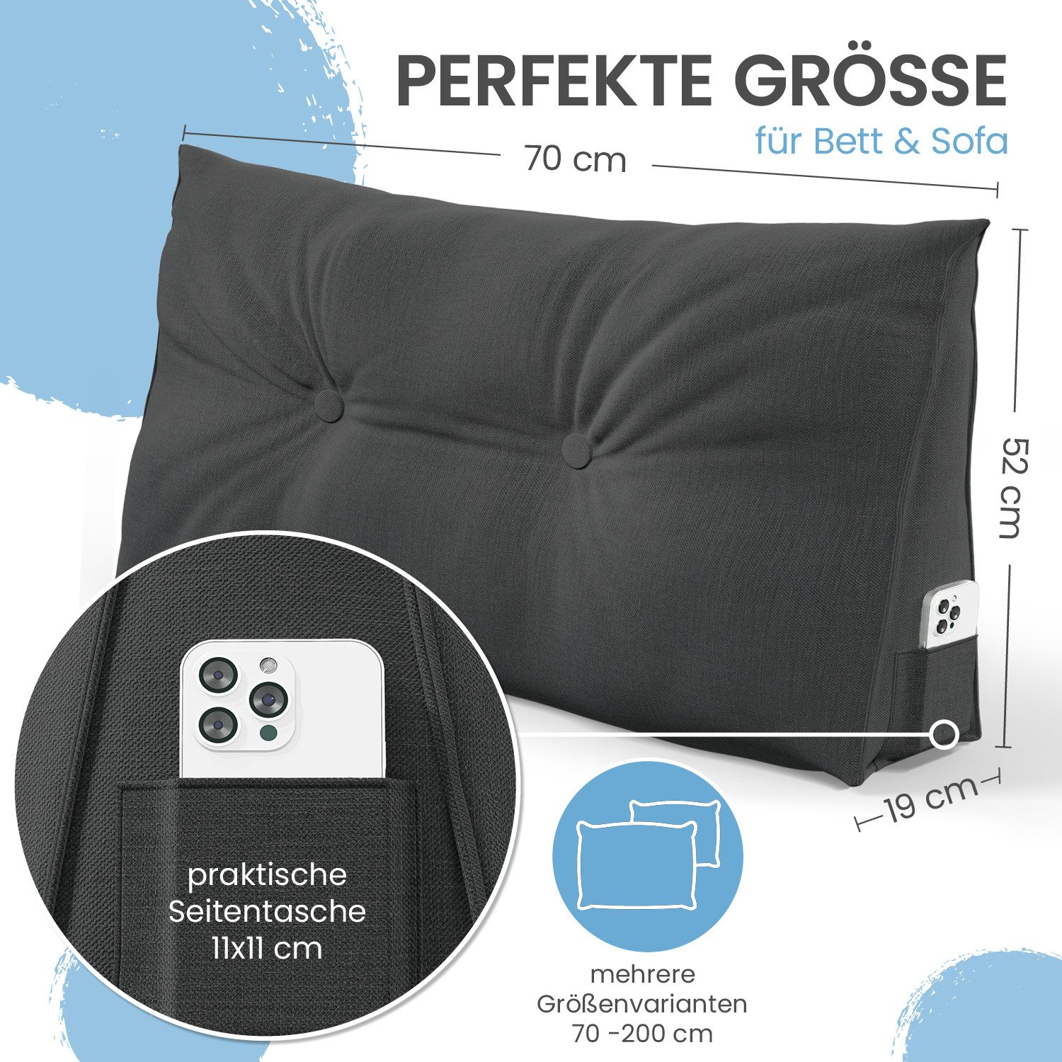 ELONEO Rückenkissen Keilkissen für Bett und Sofa, Lesekissen mit praktischem Seitenfach, 1-tlg., mit praktischem Seitenfach, Lesekissen, mit waschbarem Bezug