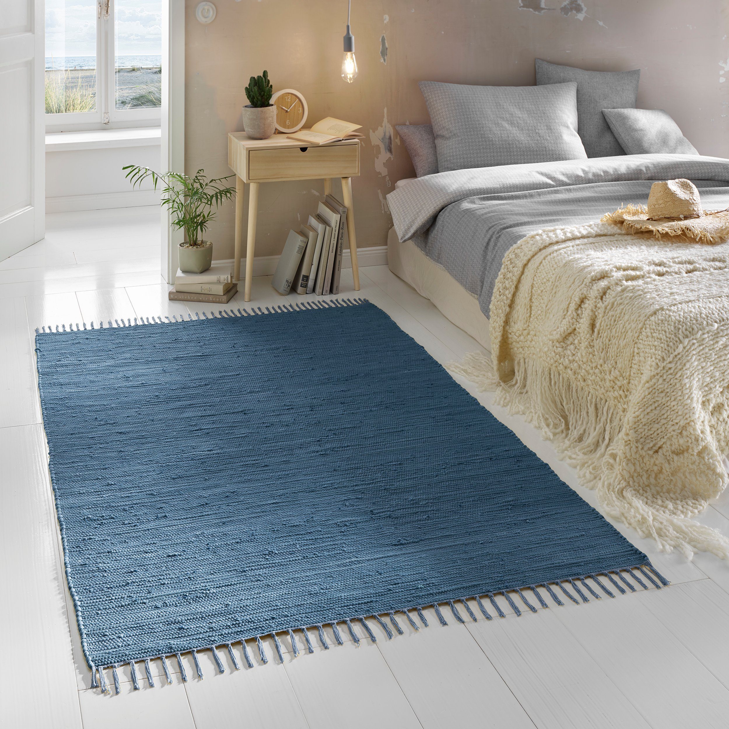 Teppich Flicken-Teppich 100% Baumwolle, TaCa Home, rechteckig, Höhe: 5 mm, Wohnzimmer Esszimmer Küche Flur Läufer 060x120cm blau