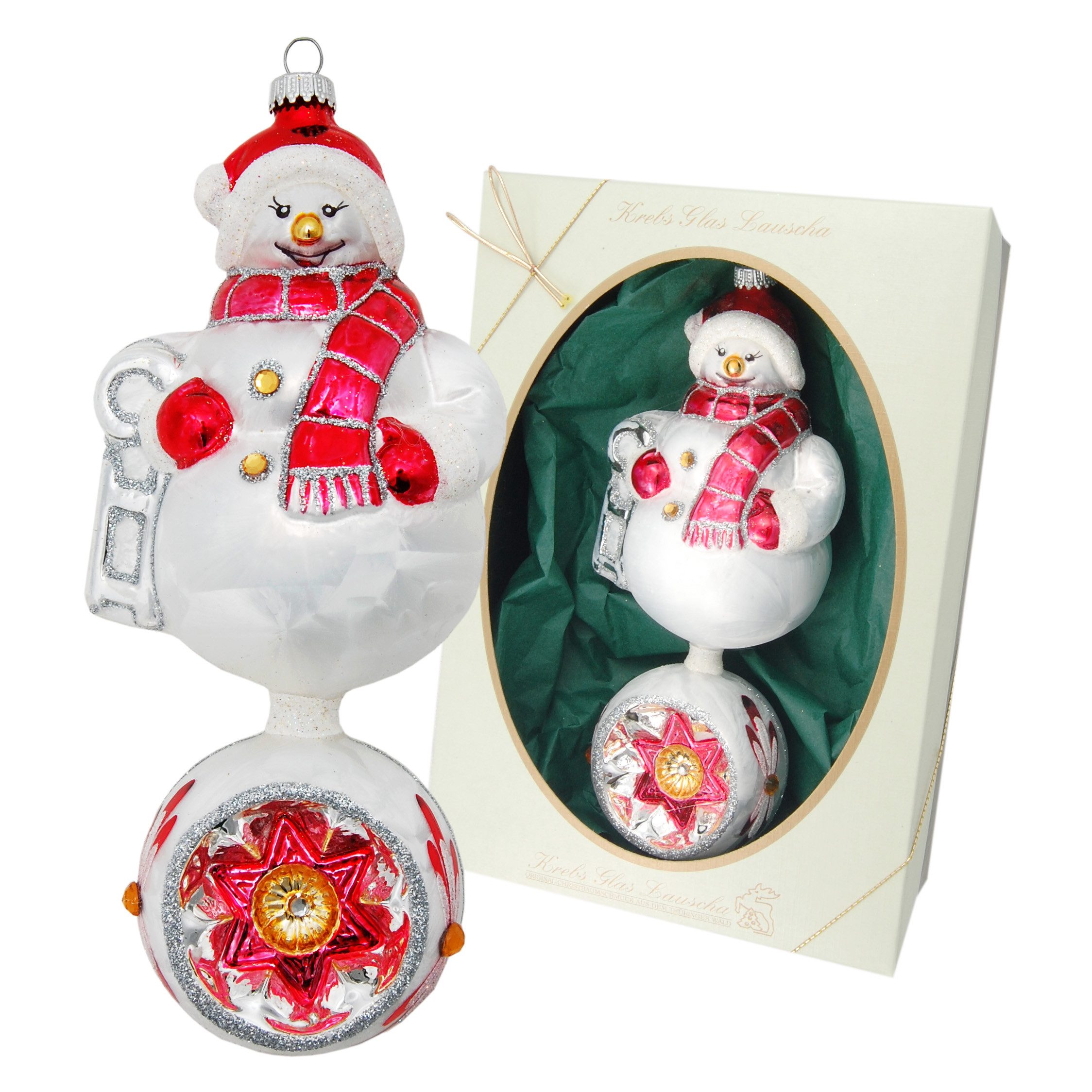 Krebs Glas Lauscha Christbaumschmuck Glasanhänger - Schneemann mit Doppelform und Reflex - ca. 20 cm, elegante Dekoration für die festliche Weihnachtszeit - Made in Germany
