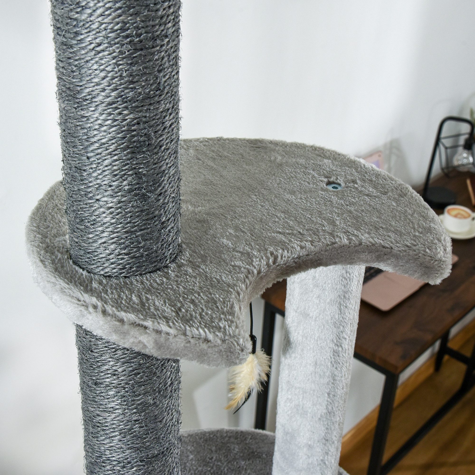 PawHut Kratzbaum Katzenbaum Deckenhoch Kletterbaum mit Katzenspielzeug, Sisal Plüsch Hellgrau höhenverstellbar 60 x 40 x 225-255 cm