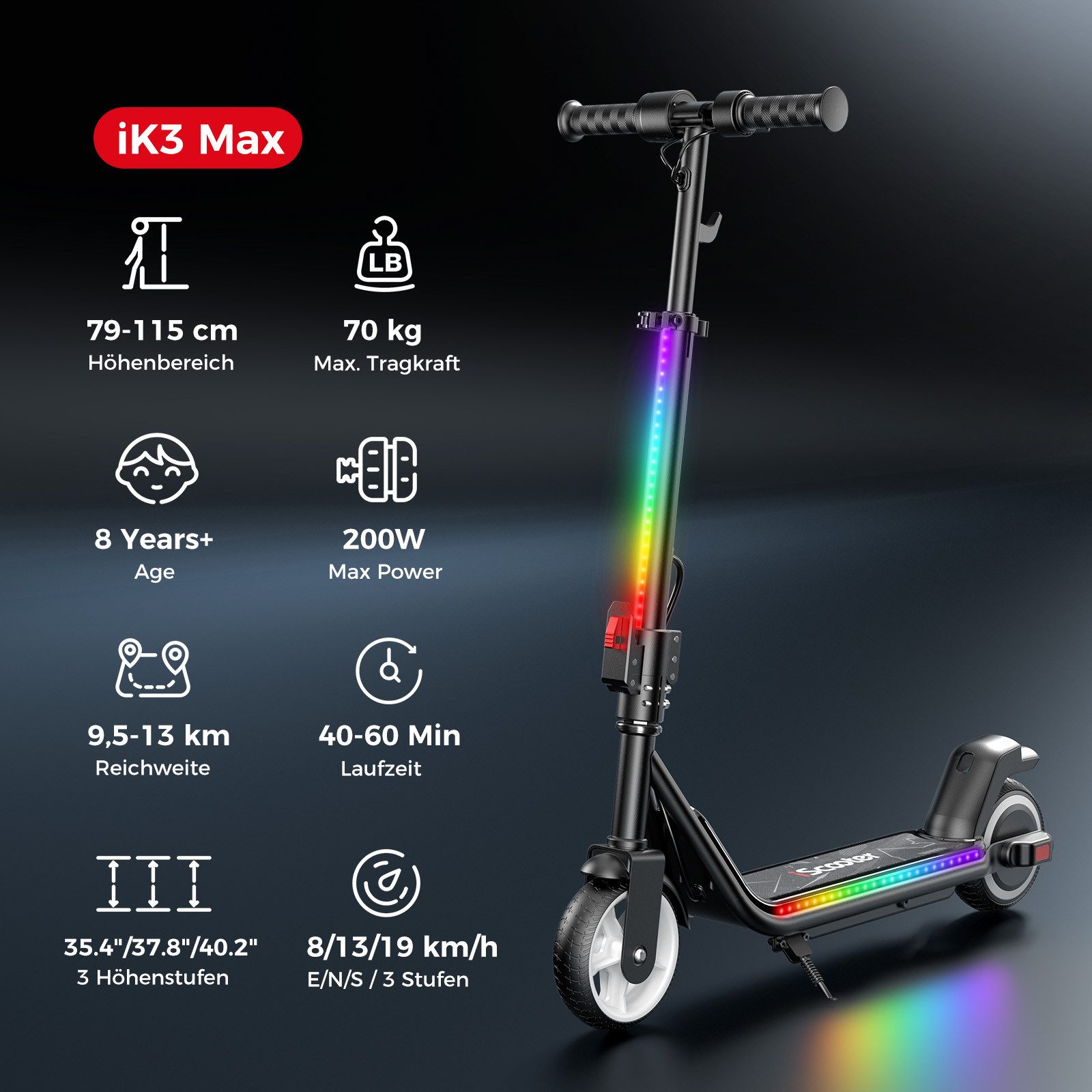 iscooter electric children's scooter, e-scooter for children 6-12 years, up to 13 km, 4.5Ah, (1-piece), 19km/h, colorful lights, stylish design