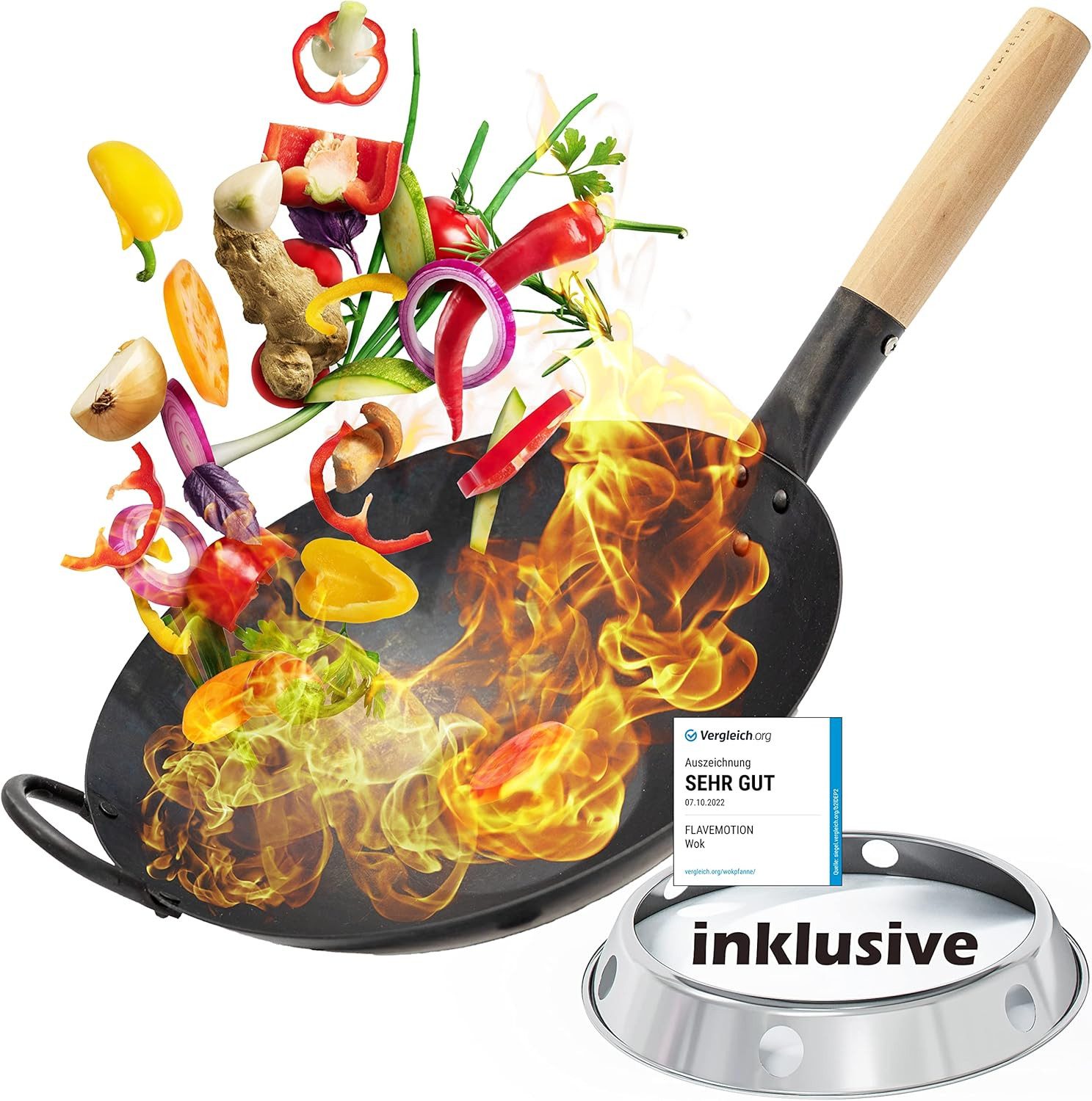 Flavemotion Wok Pfanne inkl. Wokring - Wokpfanne für Induktion, Grill und Gasherd, Wok Pfanne aus robusten Karbonstahl