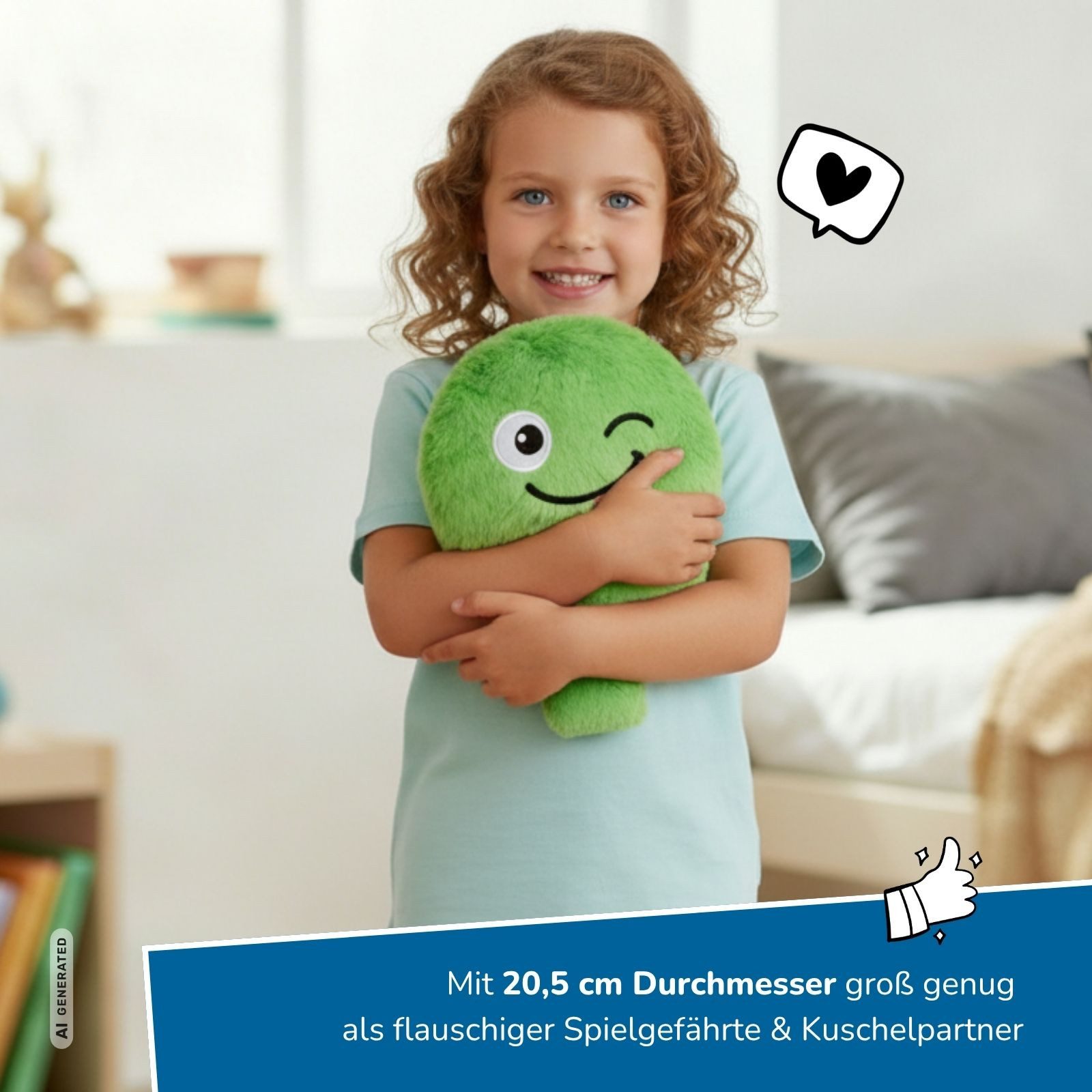 alldoro Kuscheltier XXL Plüsch-Furzkissen Bravey, großes Pupskissen in Grün mit Pups-Sound, mit Gesicht, animiert zum Lachen & Reden über Gefühle, für Kinder ab 3