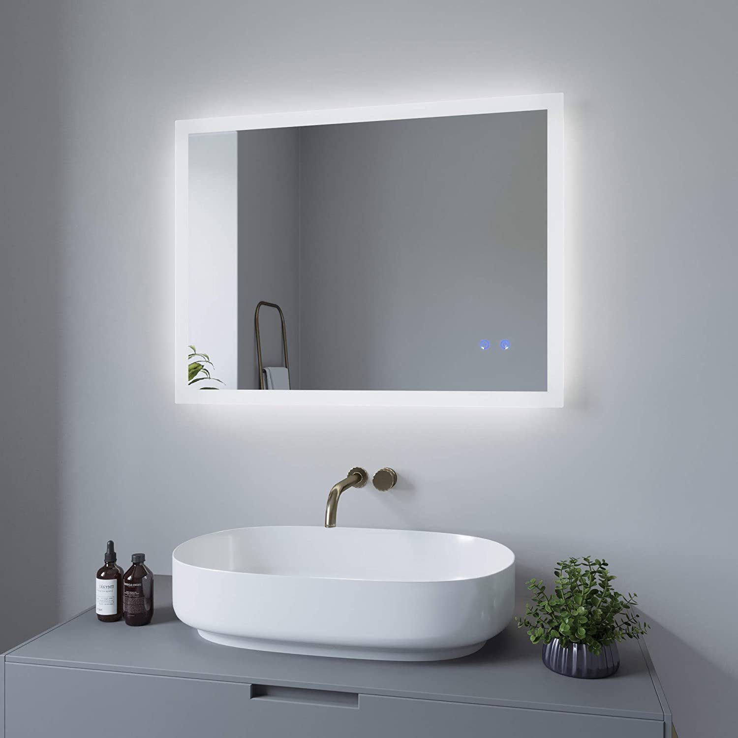 AQUABATOS Badspiegel LED Badspiegel mit Beleuchtung 80x60cm Badezimmerspiegel, Energiesparend Touch Schalter Kaltweiß Neutralweiß Warmweiß Dimmbar