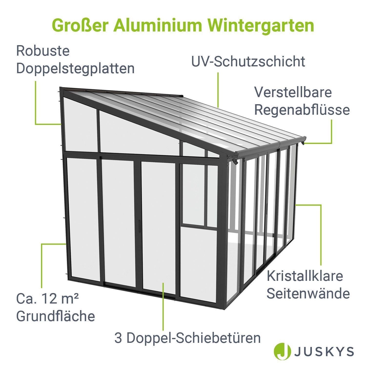 Juskys Wintergarten, BxT: 428x292 cm, Aluminium, verschließbar, inkl. Regenrinne, UV Schutz