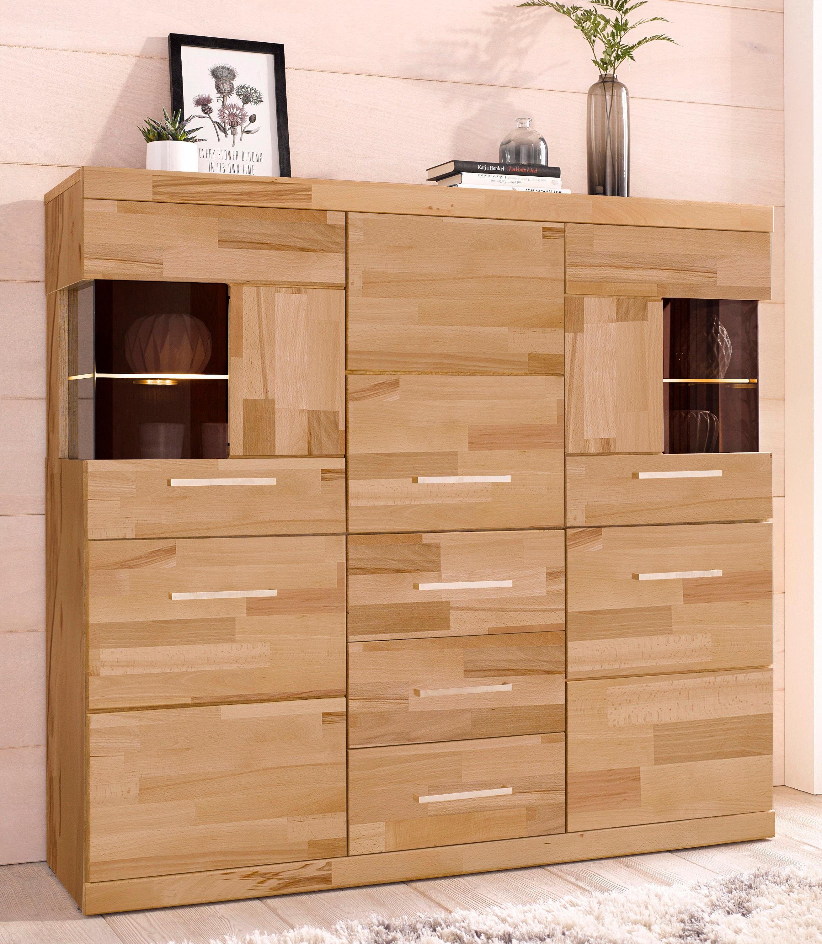 OTTO home Highboard Ribe,125cm breit,115cm hoch, Fronten Massivholz,5Türen,3 Schubladen, Holz massiv, Holzwerkstoff, Metall Griffe,10Fächer, Böden versetzbar