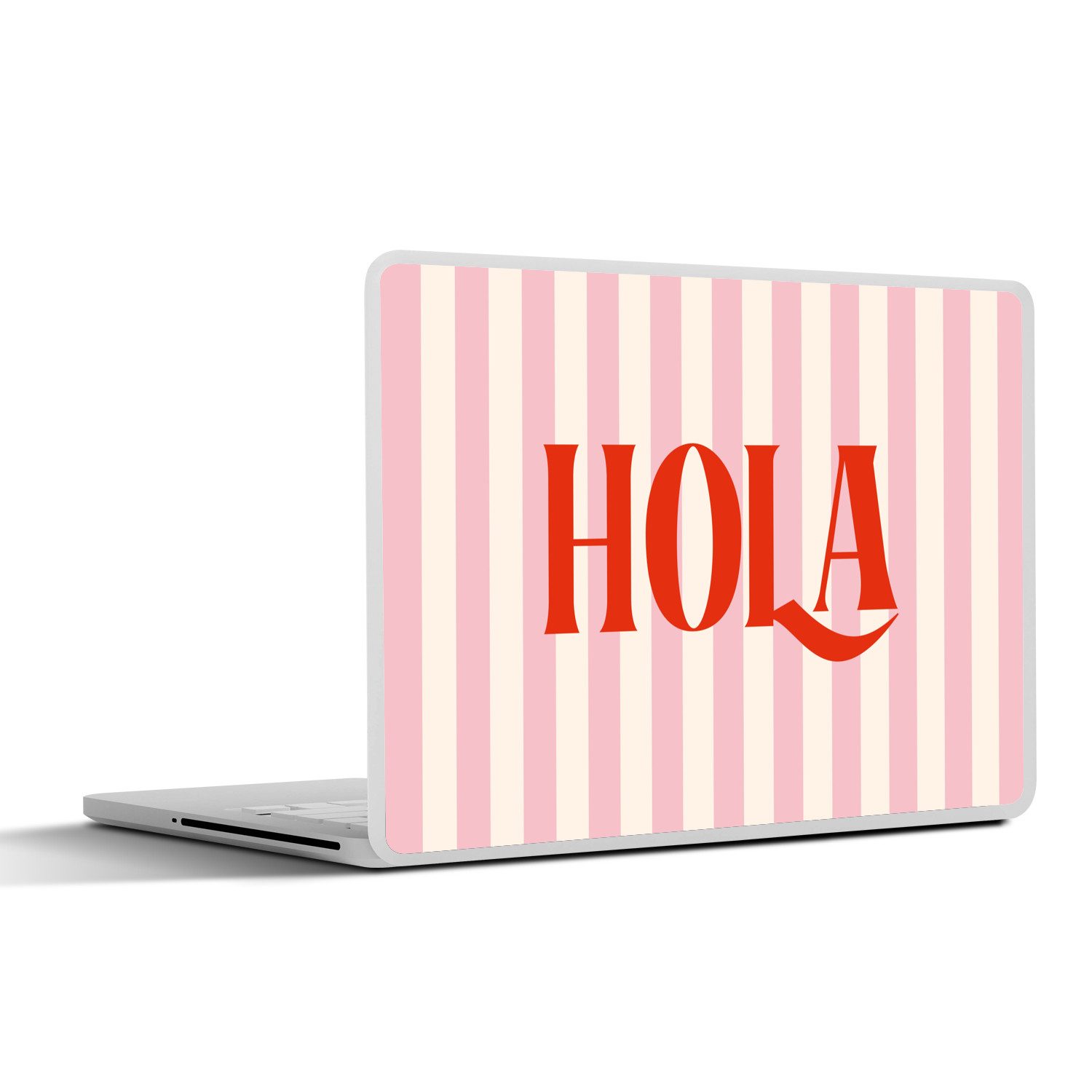 MuchoWow Laptop-Aufkleber Hola - Zitat - Streifen - Pastell - Rosa - Rot - Weiß, (1tlg), Laptop Folien Cover, Aufkleber, Sticker, Schutz vor Kratzern, 25x18 cm