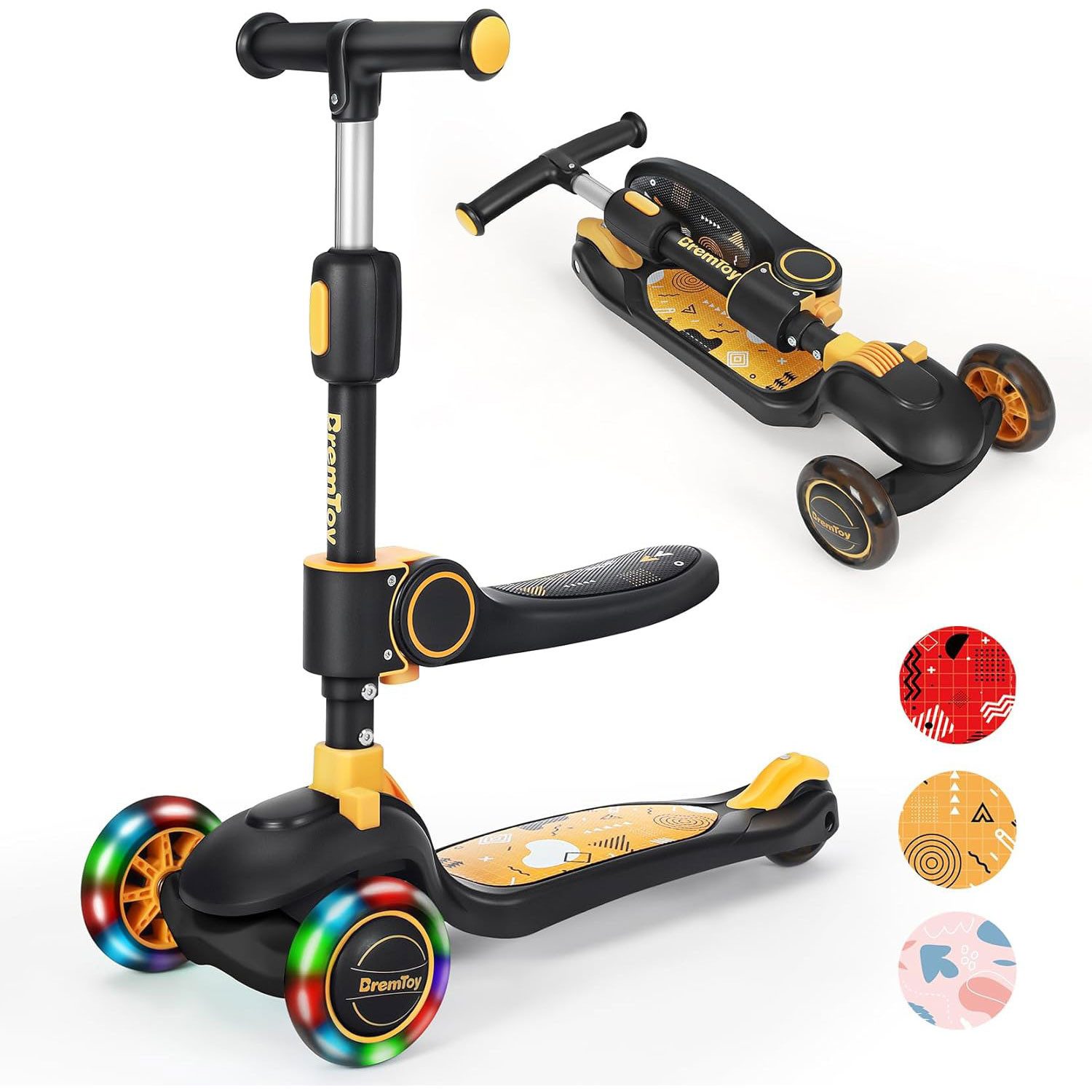 ToteBox Dreiradscooter Kinder Scooter, Höhenverstellbar + Sitz/Steh + LED-Räder