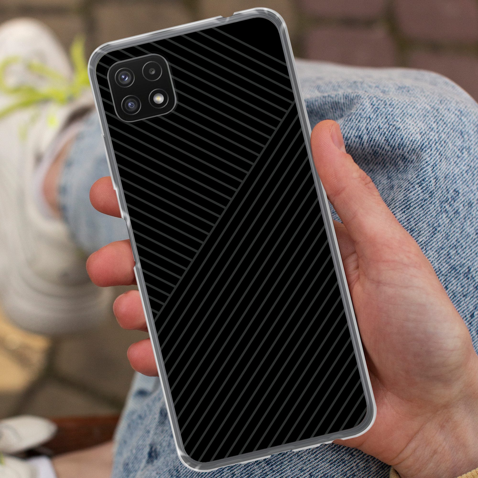 MuchoWow Handyhülle für Samsung Galaxy A22 5G Linien - Abstrakt - Schwarz - Grau - Minimal, Smartphone-Bumper, Print, Handy Schutzhülle Dünn