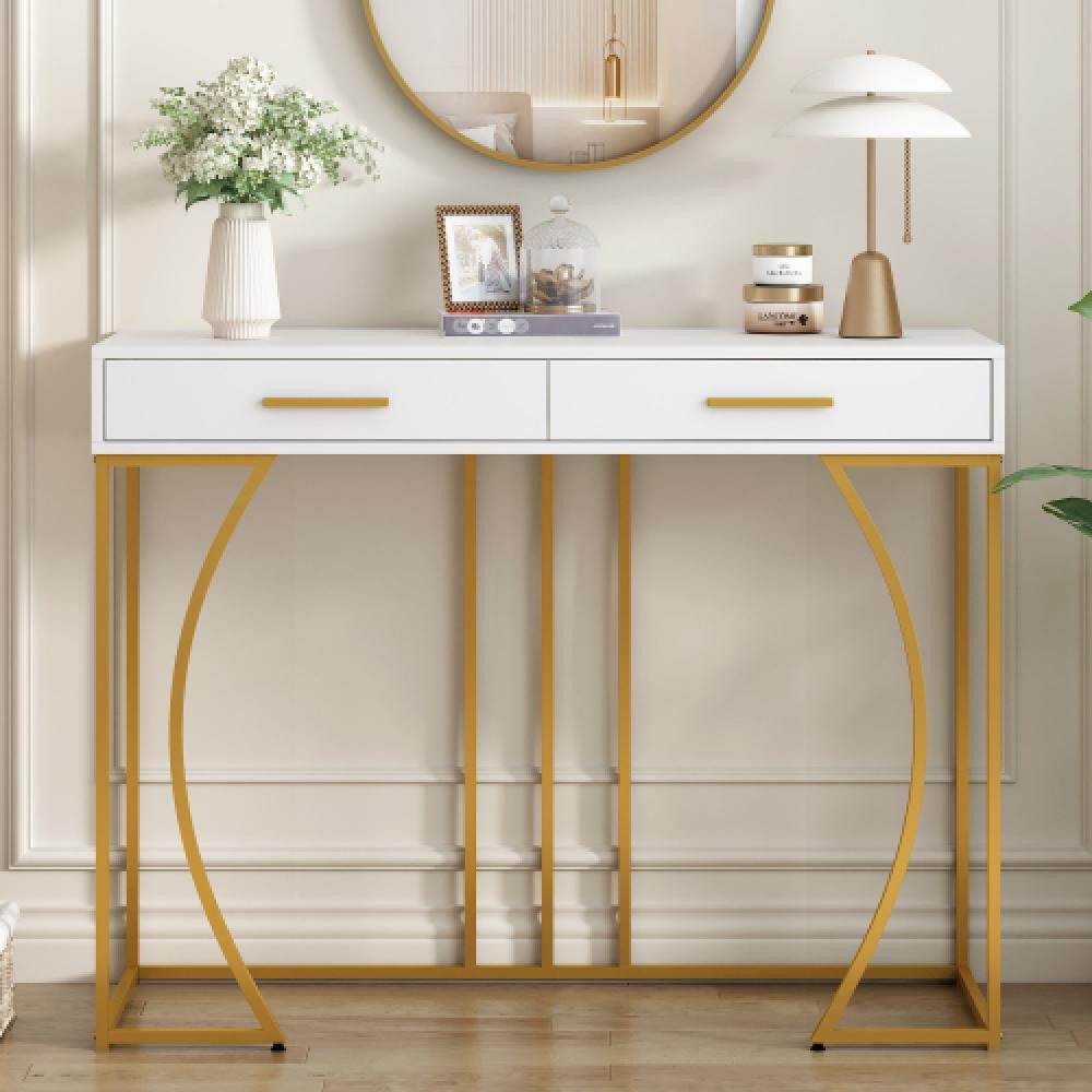 BBWL Konsolentisch Flurtisch 2 Schubladen Beistelltisch mit Metallgestell goldene Griffe, Weiß Gold MDF luxuriöser schmaler Sofatisch stabiler Eingangstisch