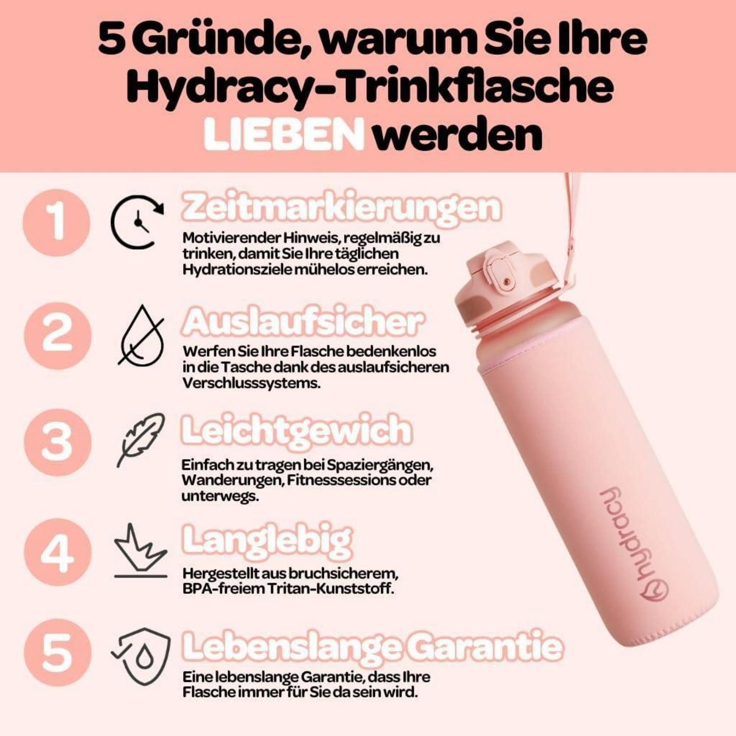 LuxusKollektion Trinkflasche Trinkflasche Fruchteinsatz BPAfrei 1L - Schnelltrink Rosa Gold