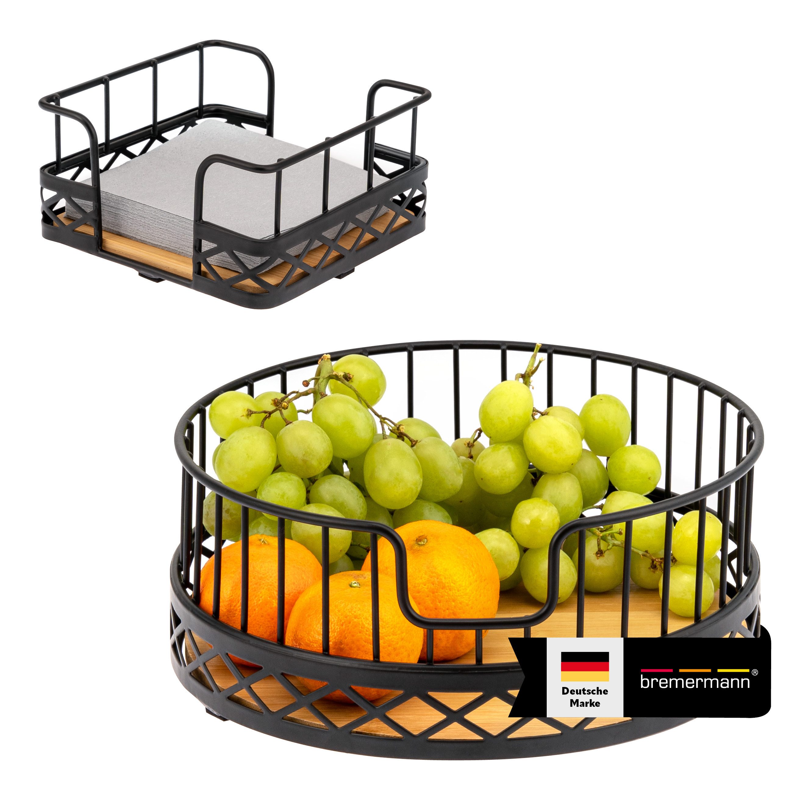 bremermann Obstschale 2er Set mit Serviettenhalter, aus Bambus und Metall