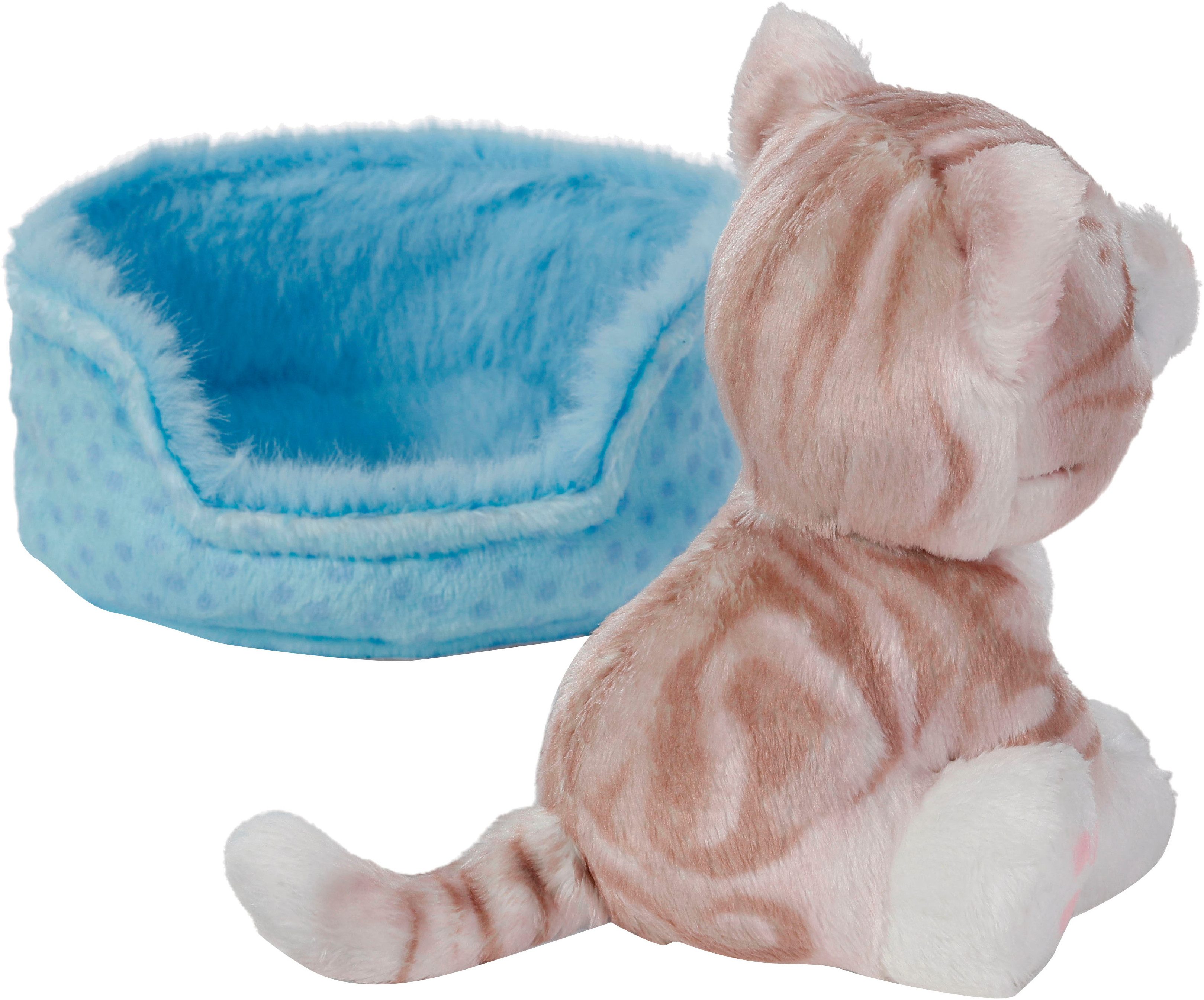 Nici Kuscheltier Little Paws, Katze grau getigert, 12 cm, im Körbchen blau