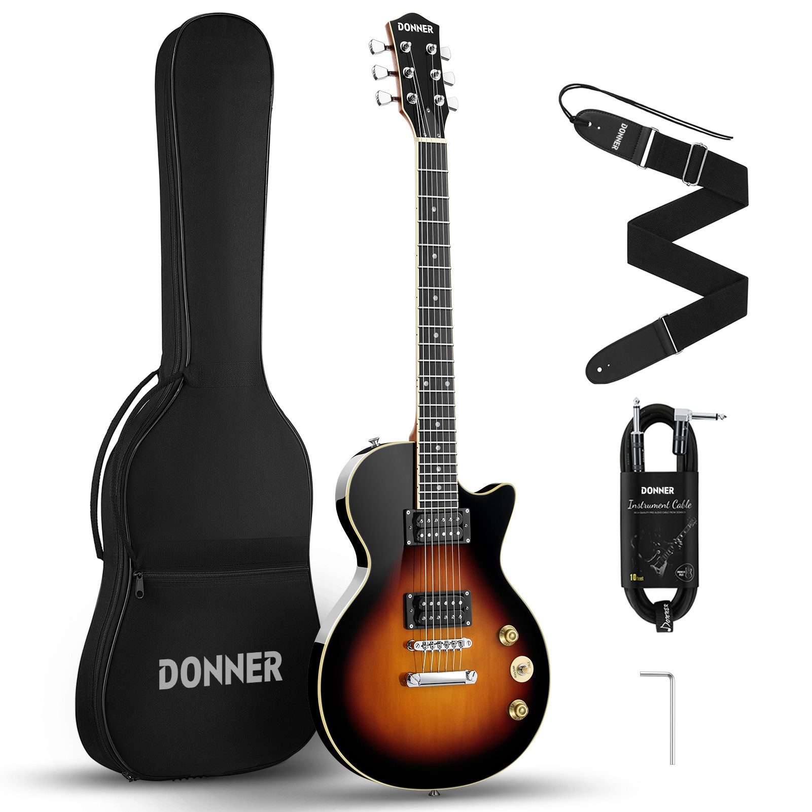 Donner E-Gitarre E-Gitarre Set E Гітари LP-Stil 39 Zoll Voller Розмір DLP-124B, LP-Stil, Tasche, Gurt, Kabel, Tasche, Gurt, Kabel, Solid Body Für Anfänger