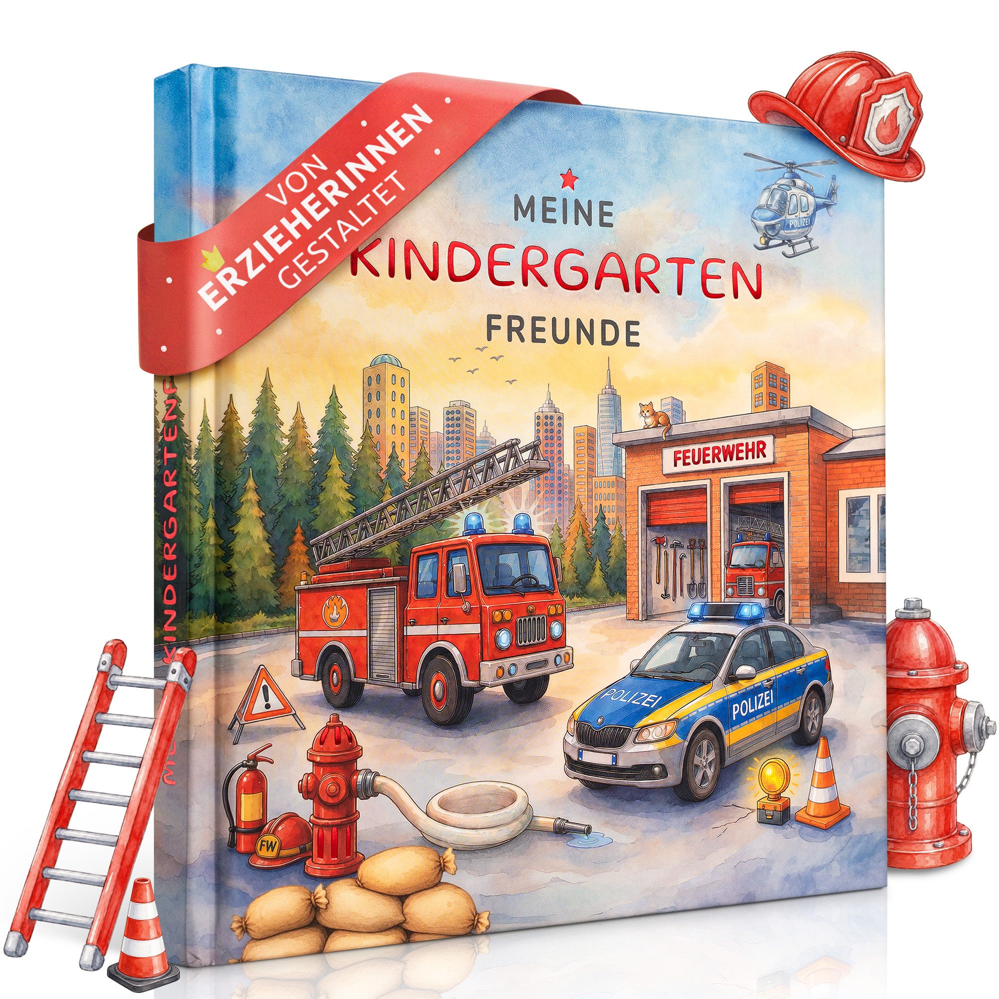 Eulentaler Freundebuch Kindergarten Feuerwehr für Jungen, von Erzieherinnen gestaltet, Feuerwehrautos & Helden, Folienprägung