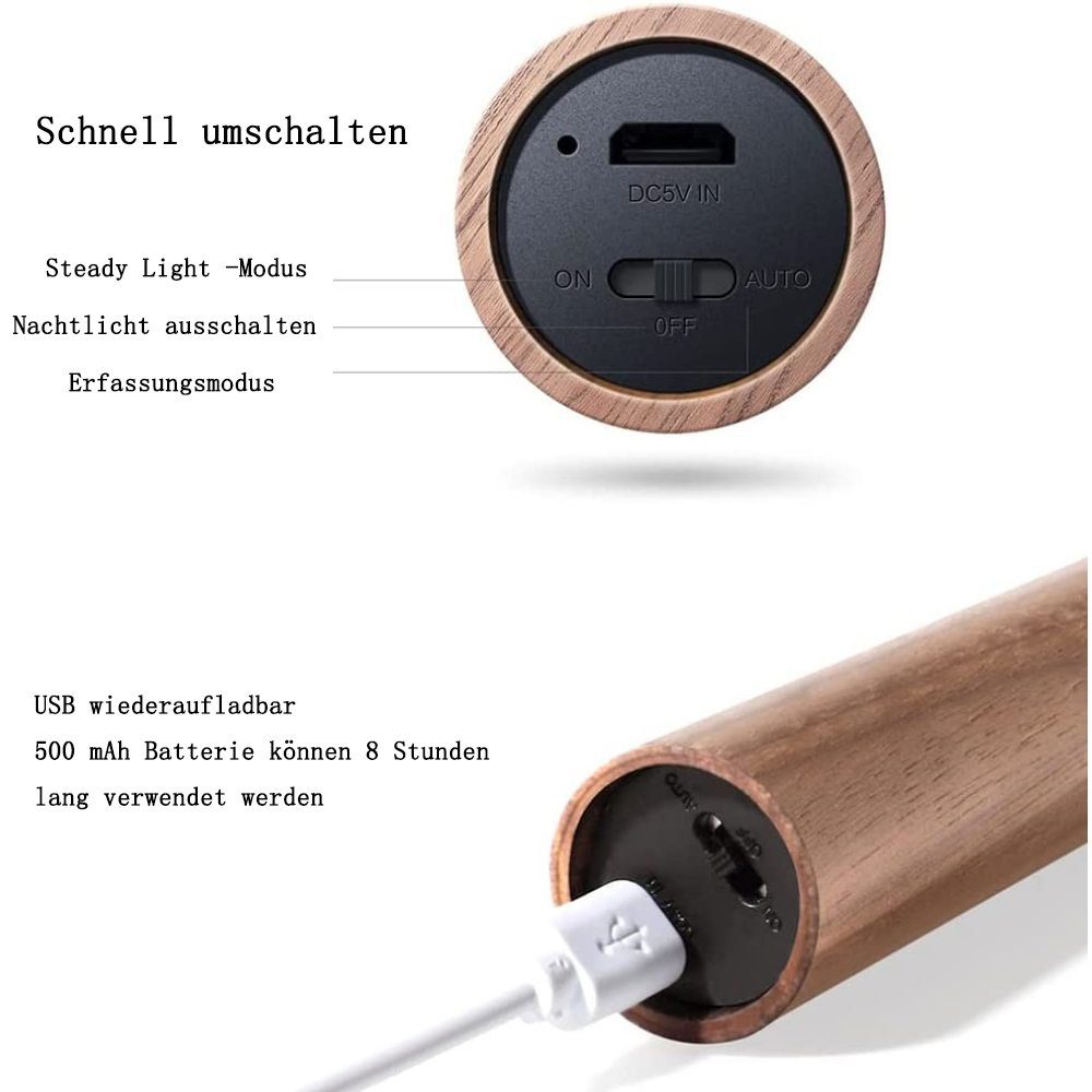 GelldG Wandleuchte USB Aufladbar Sensorlicht Holz Wandlampe ‎‎braun mit Bewegungsmelder, Wandleuchte Innen