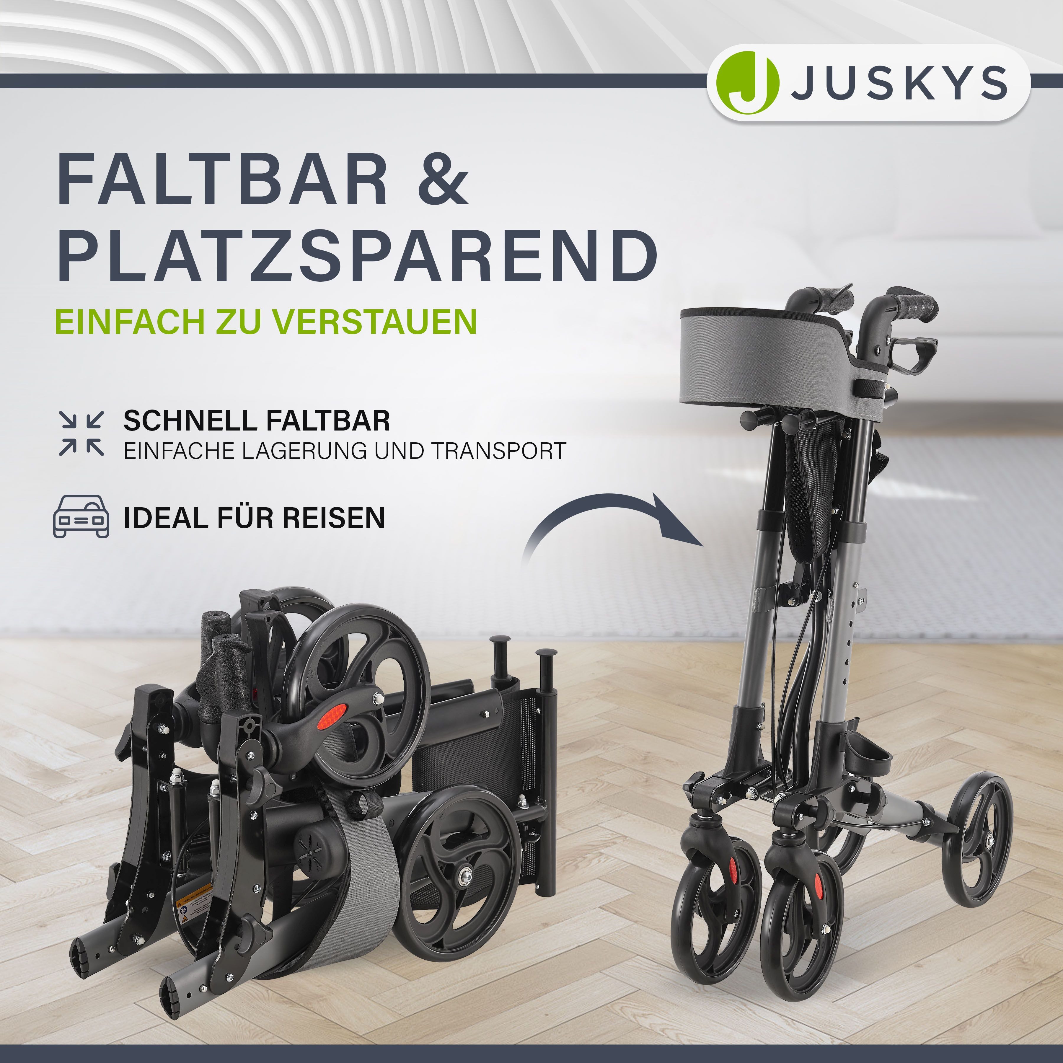 Juskys Rollator Vital, klappbar, mit Sitz, Einkaufstasche und Gehstockhalterung