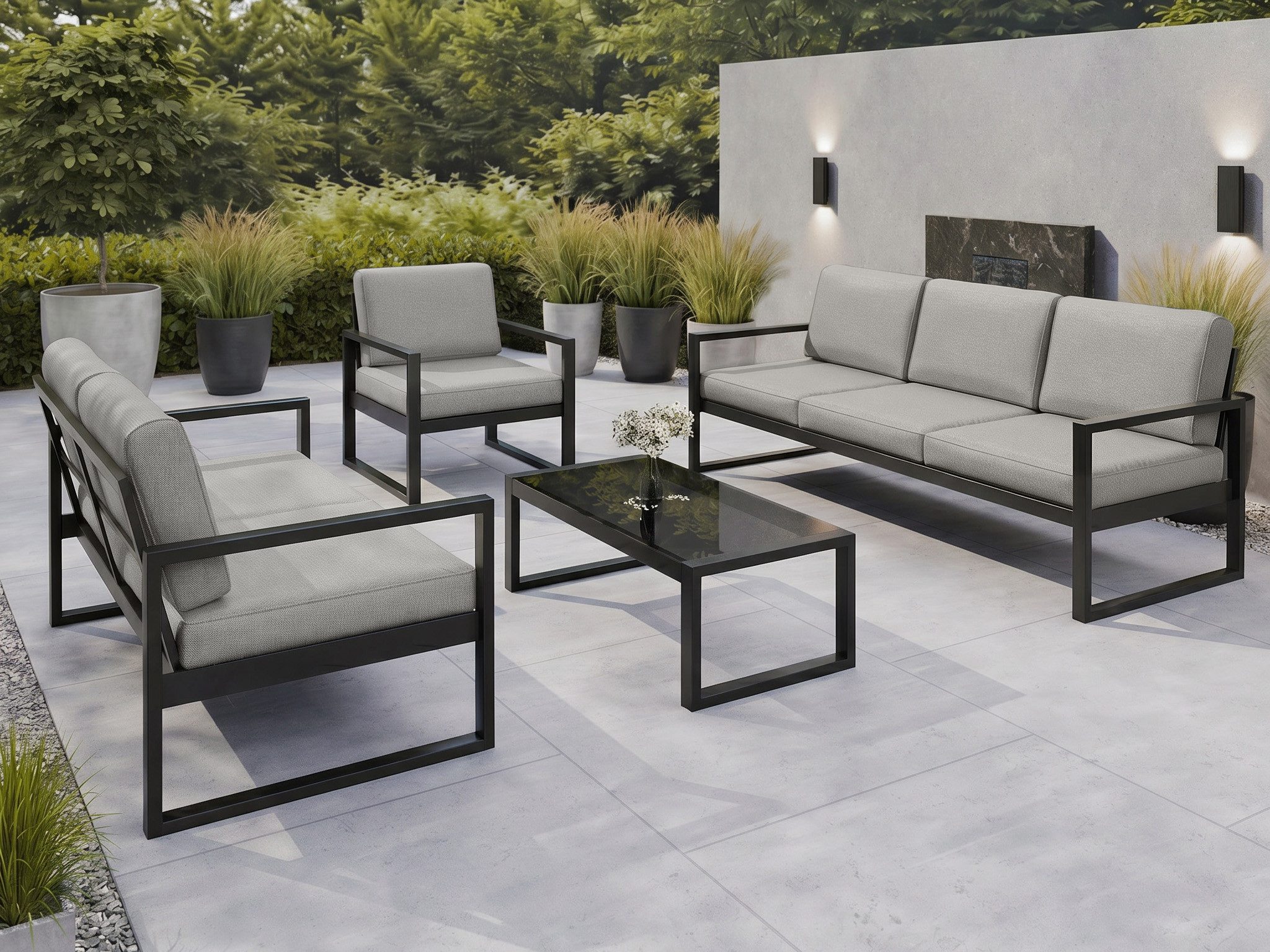 Beautysofa Gartenlounge-Set STELLA mit Couchtisch, wasserabweisendem Stoff, (pulverbeschichtetes Metallgestell, 2-Sitzer Sofa + 3-Sitzer Sofa + Sessel + Tisch), in 3 trendigen Farben