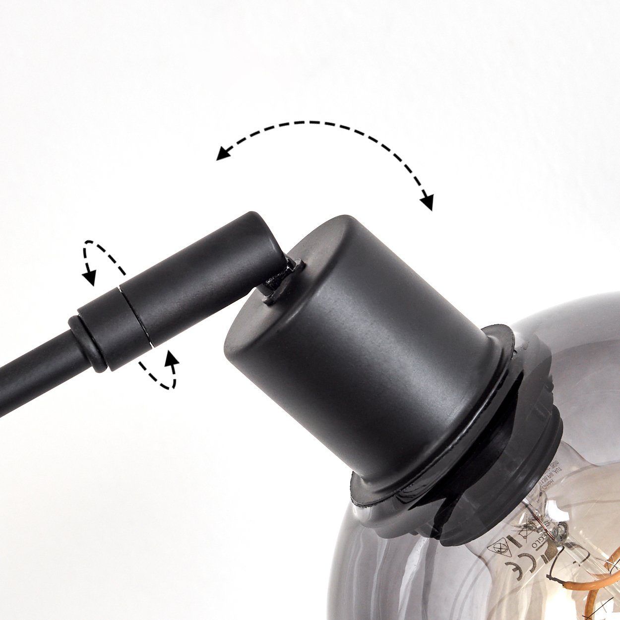 hofstein Bogenlampe Stehlampe aus Metall/Glas in Schwarz/Rauchglas/Klar, ohne Leuchtmittel, verstellbare Schirme, An-/Ausschalter am Gehäuse, 5x E27 – Bild 3 von 5