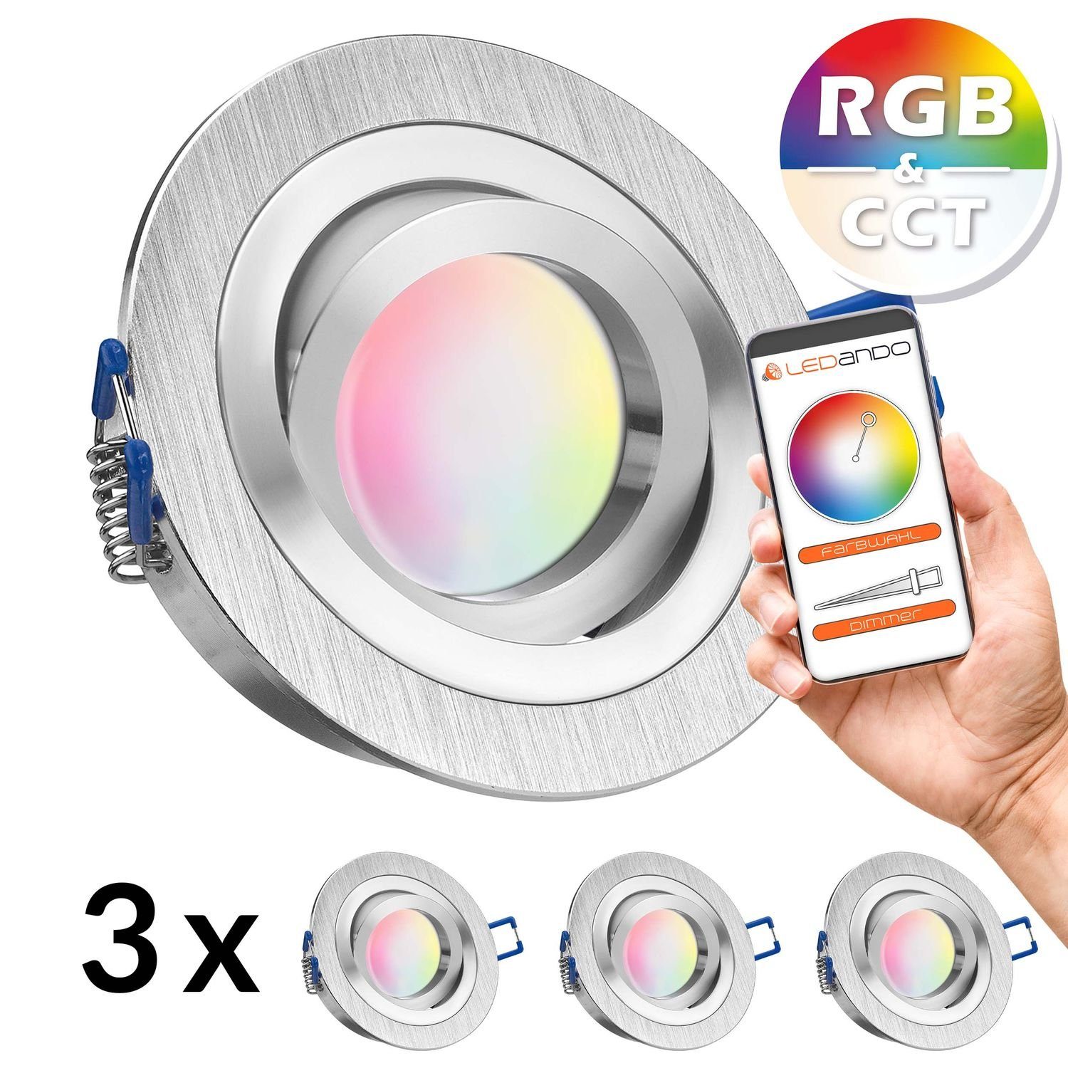 LEDANDO LED Einbaustrahler 3er RGB - CCT LED Einbaustrahler Set extra flach in aluminium gebürste | Strahler