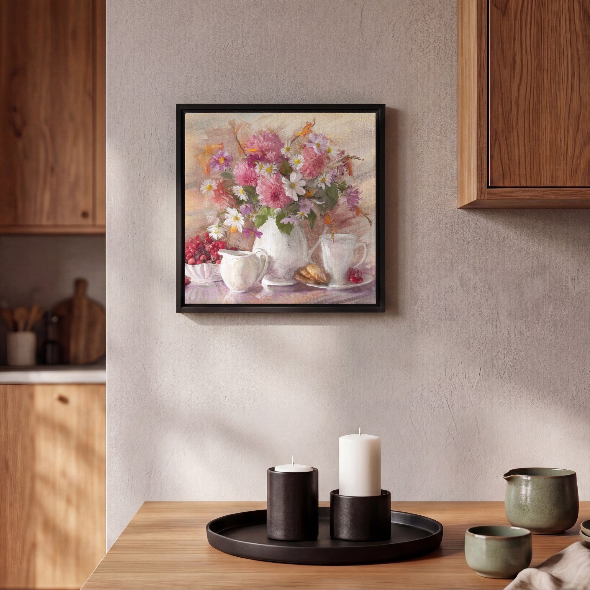 OneMillionCanvasses® Leinwandbild mit Rahmen - Kunstdrucke - Blumen - Vase - Ölfarbe, Fotodruck (1 St), Vintage Deko Bilder Wohnzimmer, Wanddeko Retro, 20x20cm