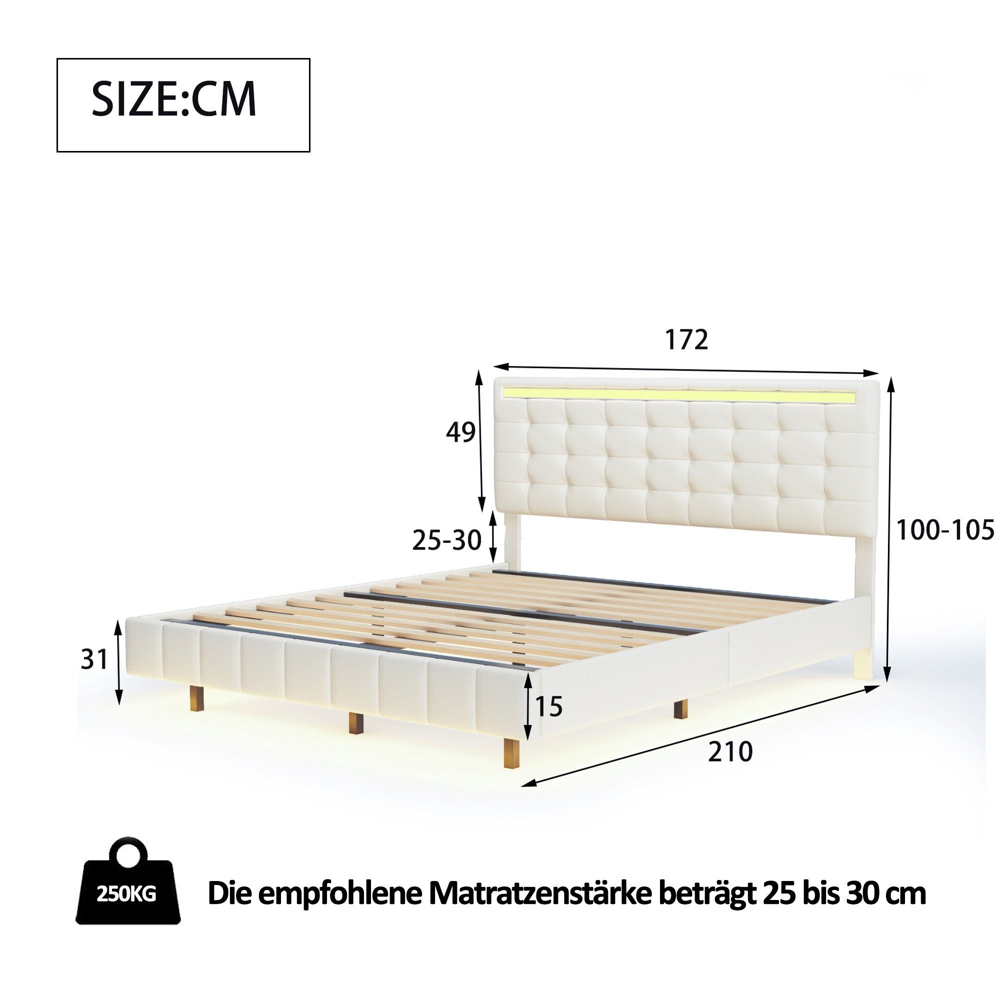 Polsterbett (LED Doppelbett), mit USB Ladefunktion und höhenverstellbarem Kopfteil 160x200cm, Leinen