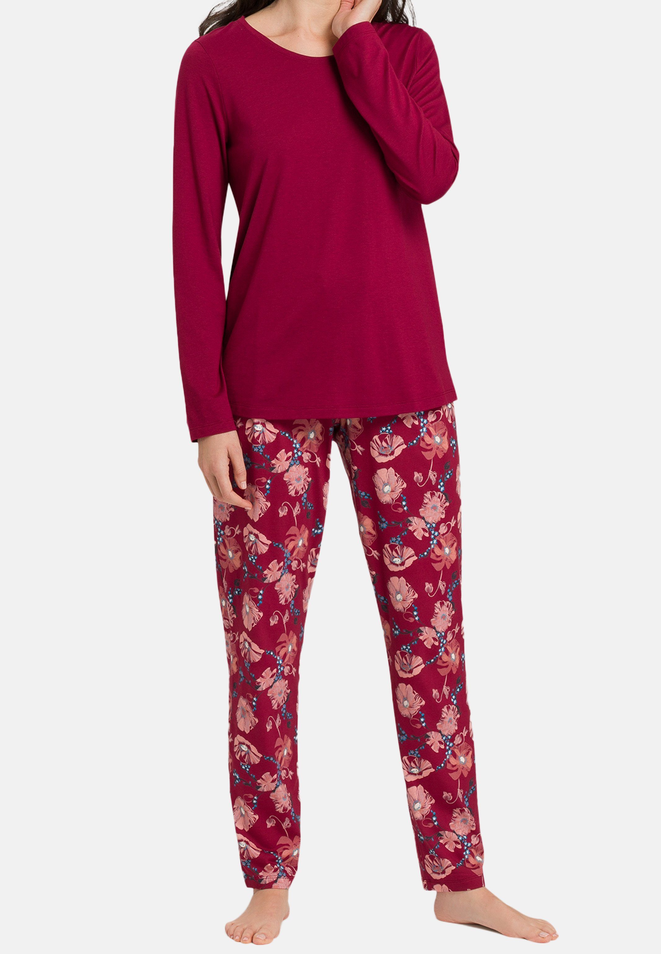 Hanro Pyjamaoberteil Sleep & - Langarm Lockere Baumwolle Shirt Passform - (1-tlg) Schlafanzug Lounge Burgundy