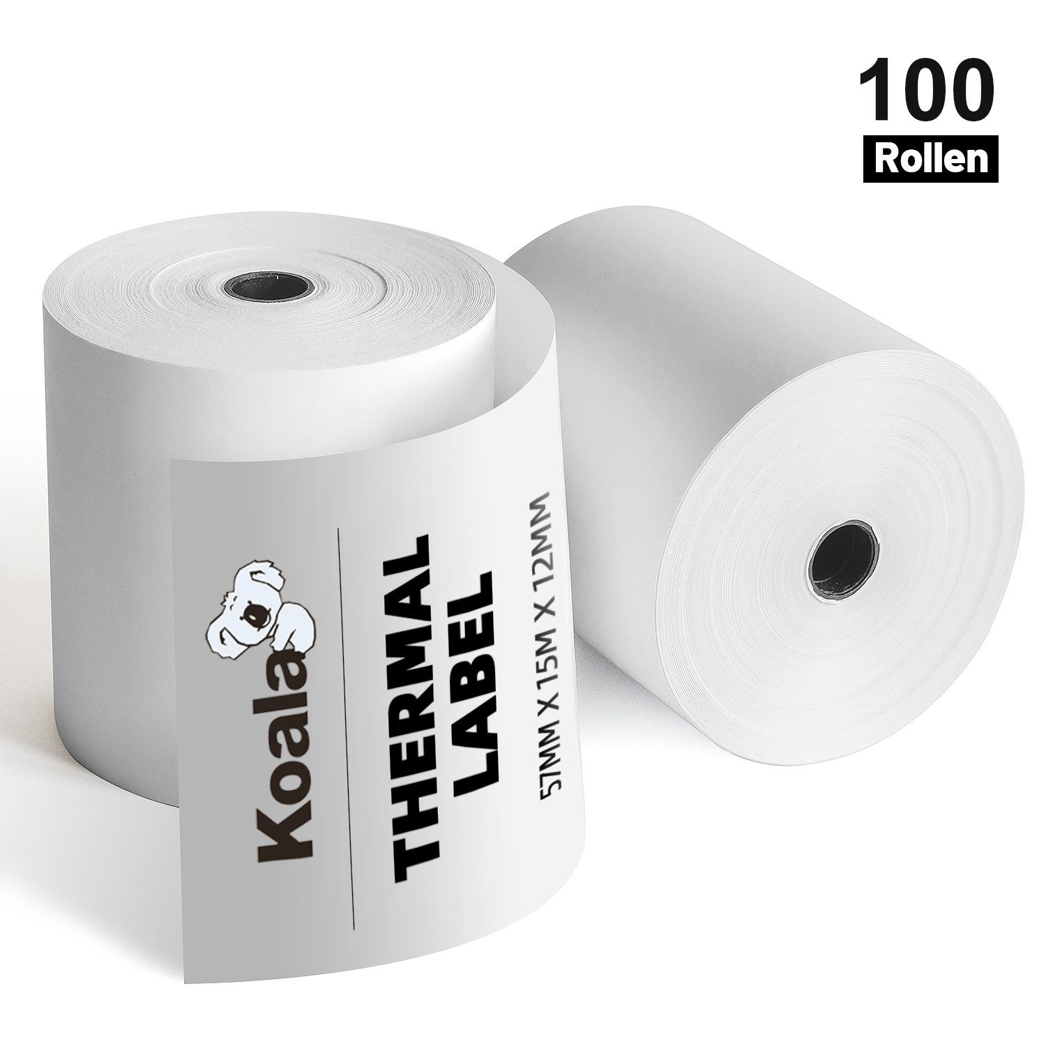 Koala Etikettenpapier 100 Rollen 57 x 15 mm Thermopapier Bonrolle für Kassen, Drucker