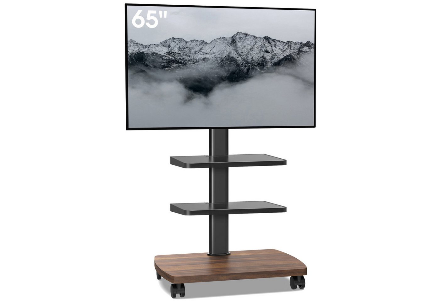AOKCOS TV-Ständer mit Rollen, ±30° schwenkbar, höhenverstellbar, 32-65 Zoll, (bis 65 Zoll, Holzbasis, -2° bis +10° neigbar, mit 2 Ablagen)