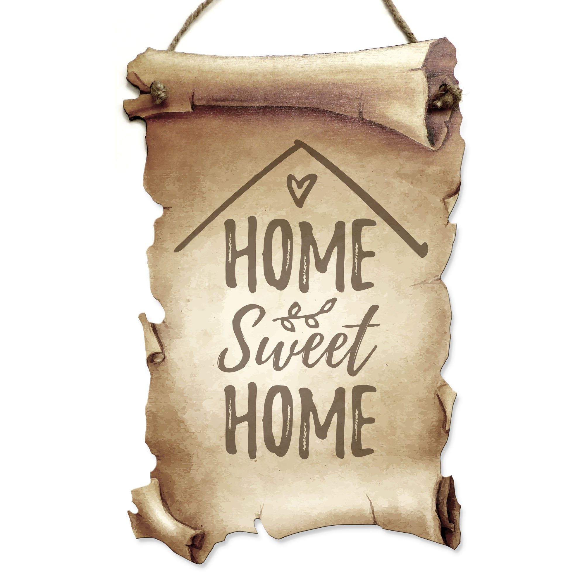 Geschenk & „Home Feder mit & Spruch, aus Kreative Sweet Wanddekoobjekt Freunde Familie Schriftrollen-Optik, Holz Deko-Schild in ideales für Motiv Home“