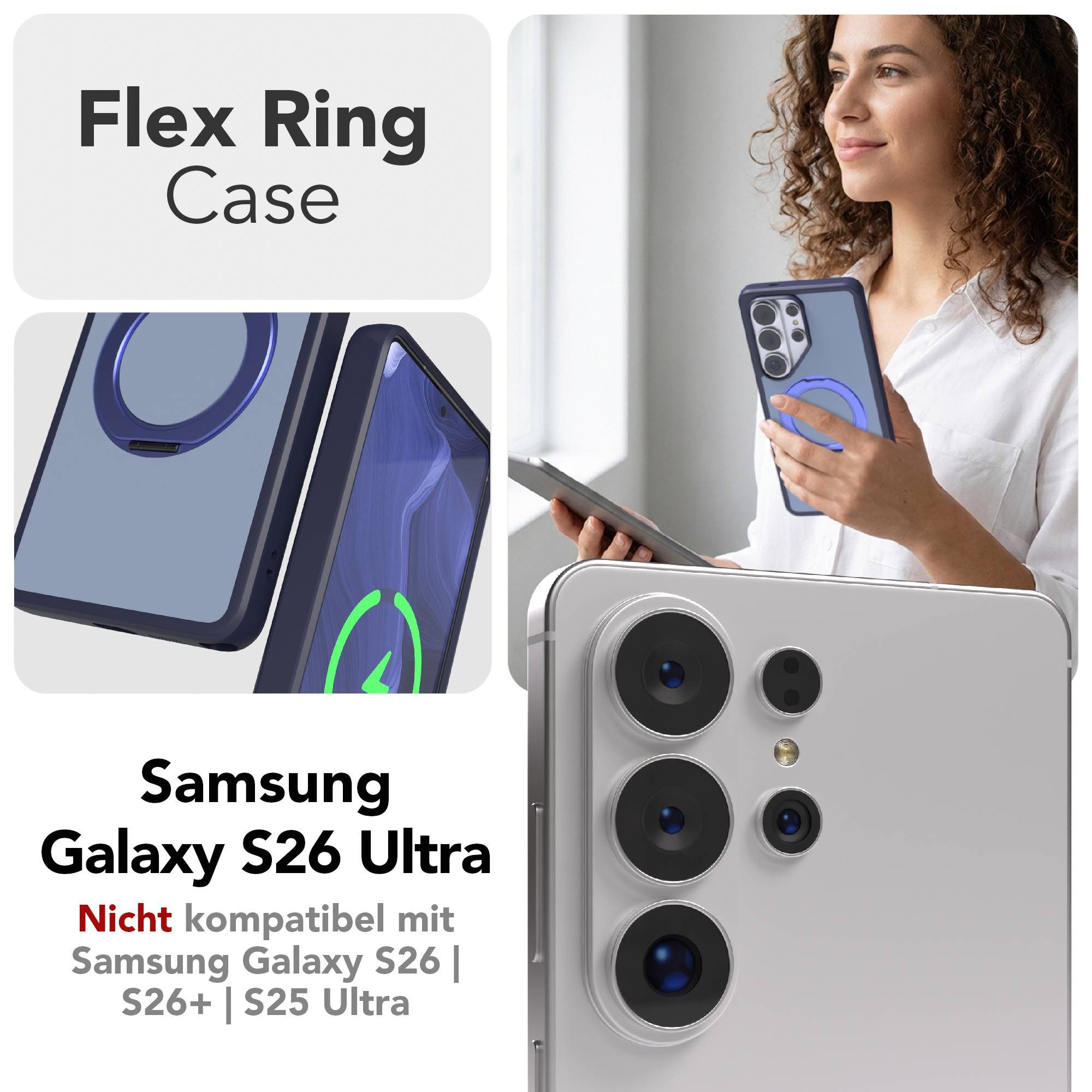 EAZY CASE Handyhülle Outdoor Galaxy S26 Ultra Case mit MagSafe Rotation Ring 6,9 Zoll, Outdoor Handy Hülle mit Rotation Ring Stoßfest aufstellbar Dunkelblau
