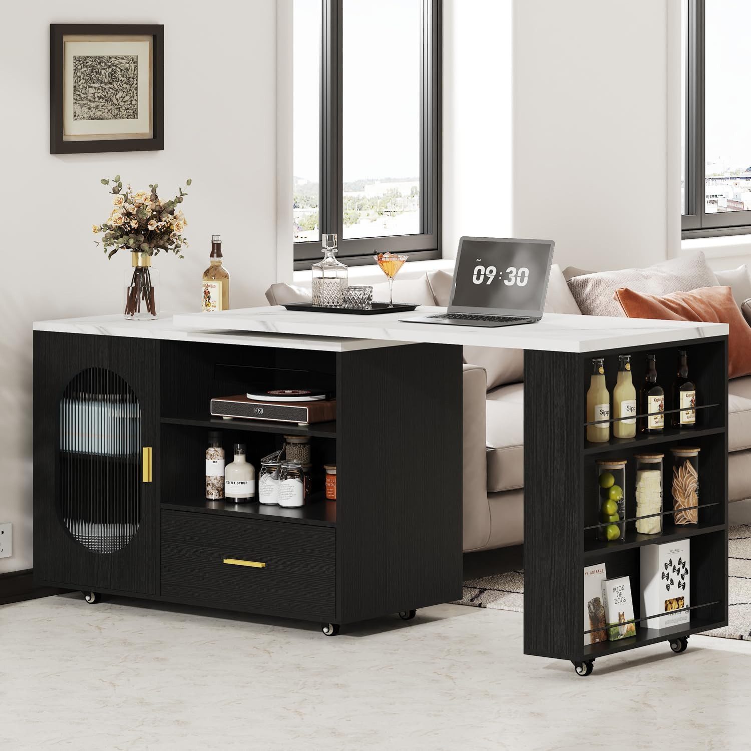 mukuhi Kücheninsel 360° drehbar mit Stauraum erweiterbar rollbar, Schublade integriert, offene Ablagen, multifunktional