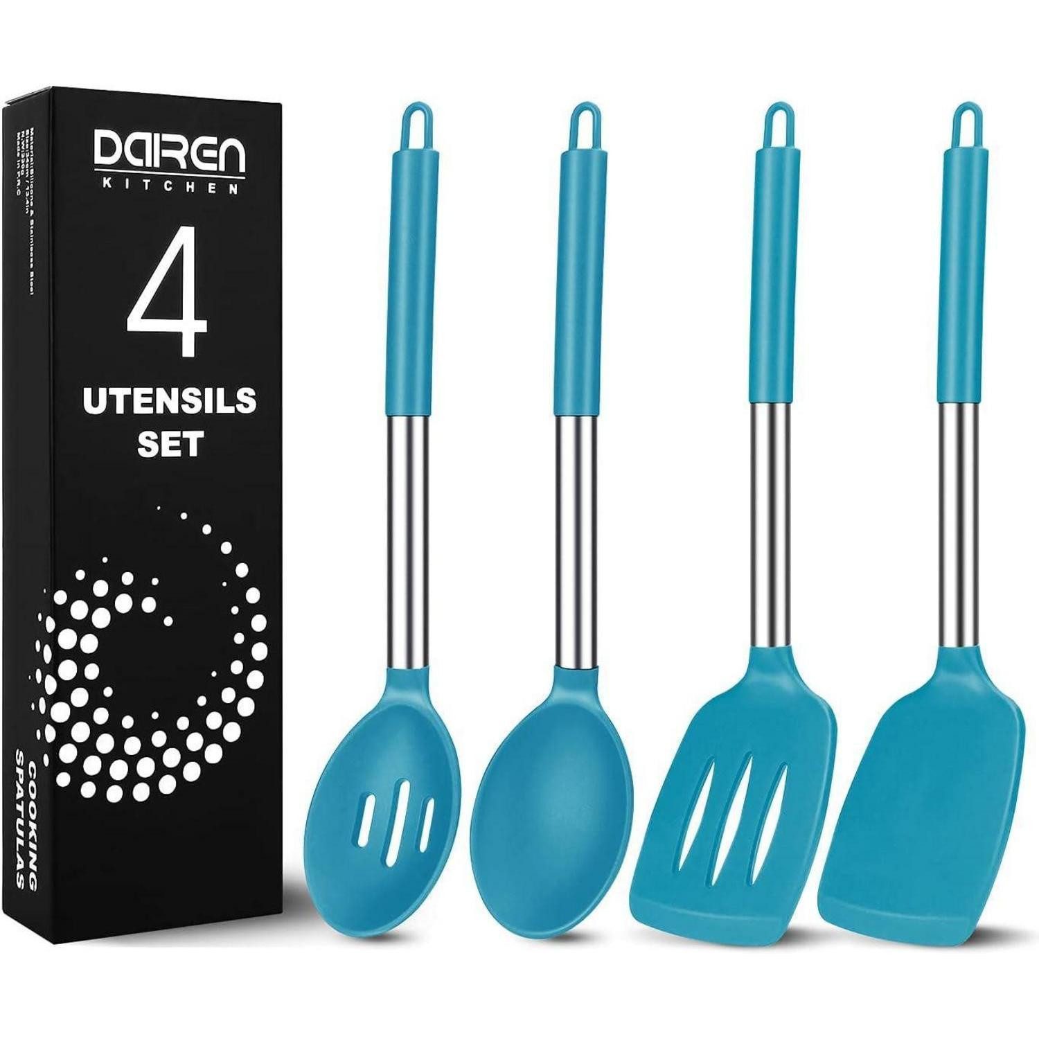 Kochbesteck-Set Pfannenwender Silikon Kochlöffel Set Edelstahlgriff Blau