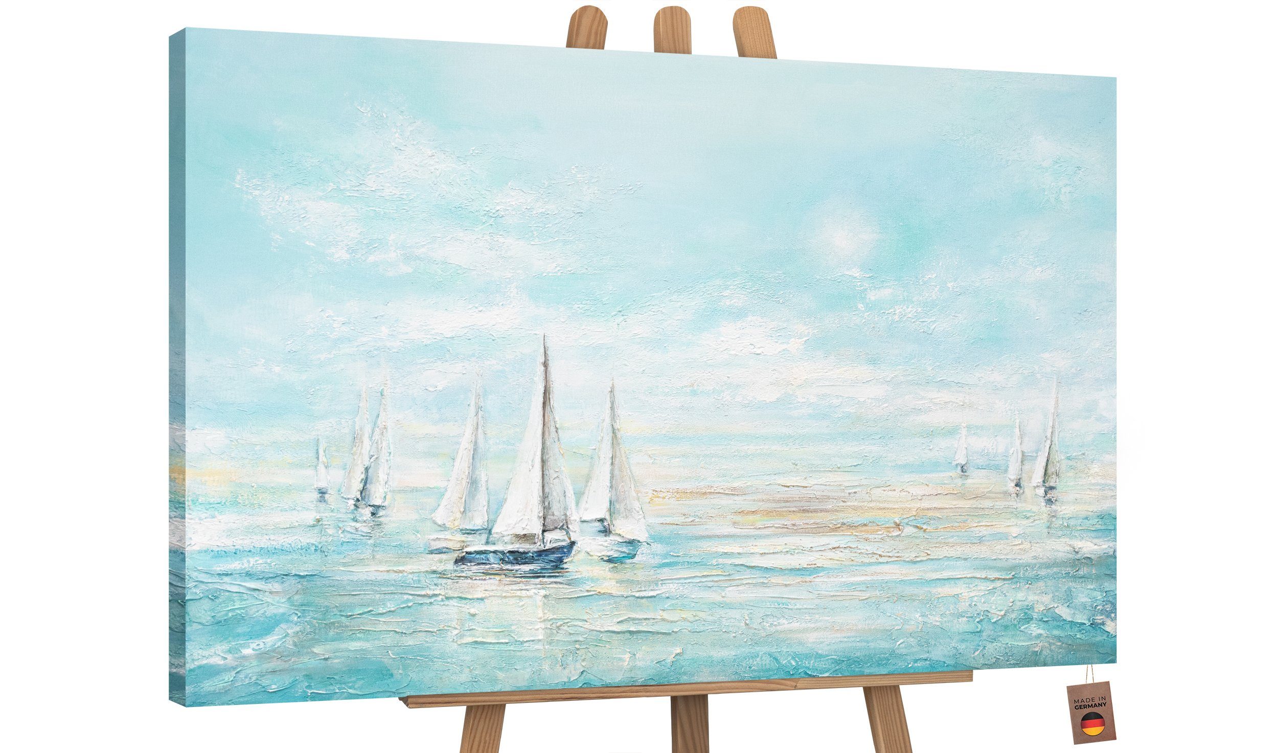 YS-Art Gemälde Meeresblau, Landschaft, Blau Hellblau Segelboote Meer Leinwand Bild Handgemalt Ohne Schattenfugenrahmen