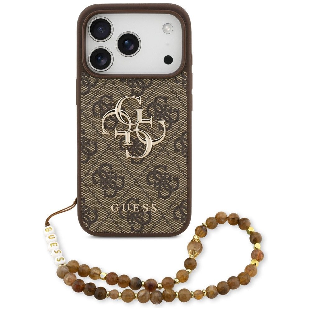 Guess Handyhülle Case iPhone 17 Pro Kunstleder braun Big Logo goldfarbig Kette 6,3 Zoll, Kantenschutz