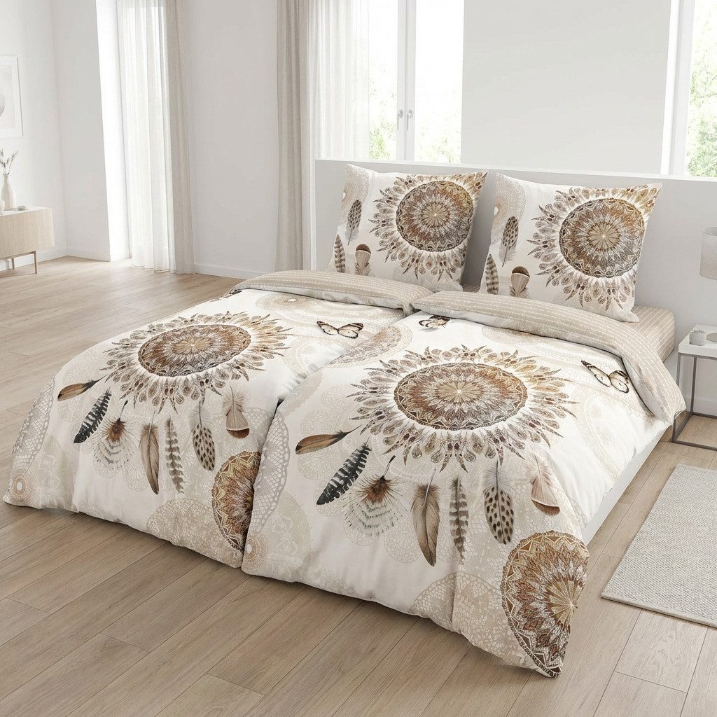 hip Bettwäsche Baumwolle, Renforcé, 2 teilig, Mandalas, Federn, Schmetterlinge, beige