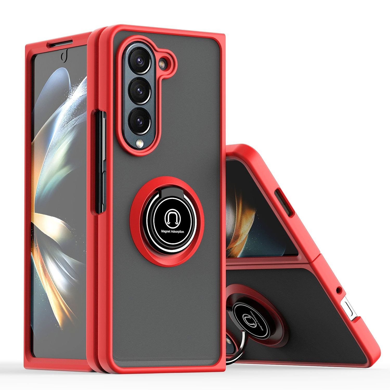 Wigento Handyhülle Für Samsung Galaxy Z Fold6 Design TPU / PC Hülle Ring Rot / Schwarz, Ring Halterung Schutzhülle