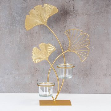 Levandeo® Teelichthalter, Teelichthalter H34cm Ginkgo Gold Metall Kerzenhalter Kerzenständer