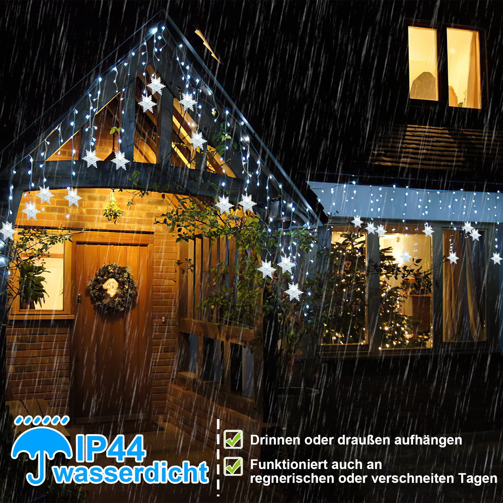 Weihnachten Außen LED LED-Lichterkette Schneeflocke 96 Party, Deko Lospitch 96-flammig LEDs Lichtervorhang
