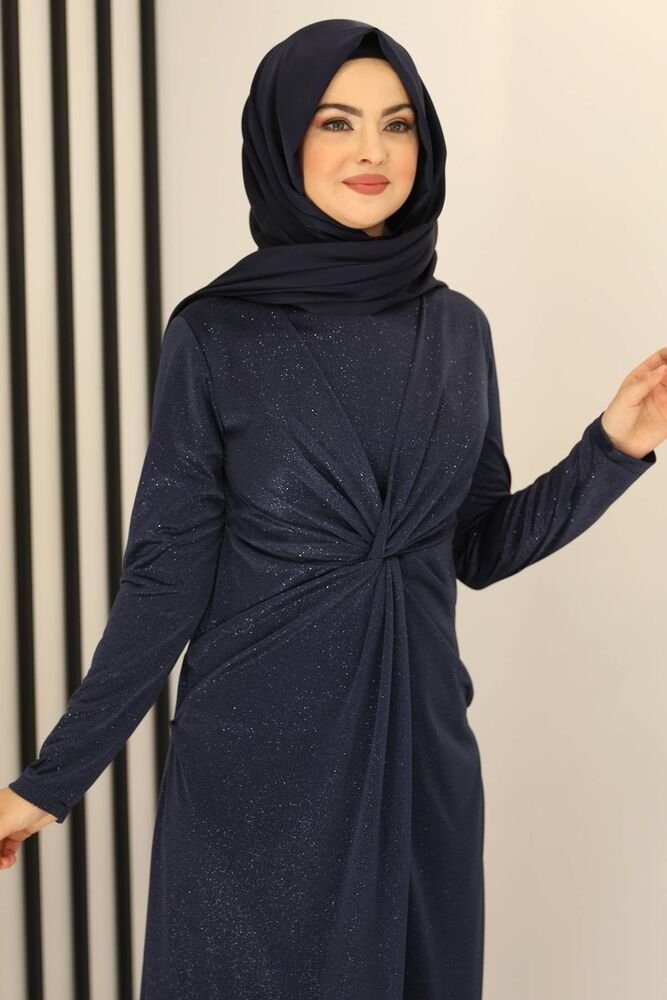 silbriger Fashion Abaya Hijab Blau Abiye Modest Modavitrini Kleid Maxikleid glänzender Damen Stoff Abendkleid Navy langärmliges