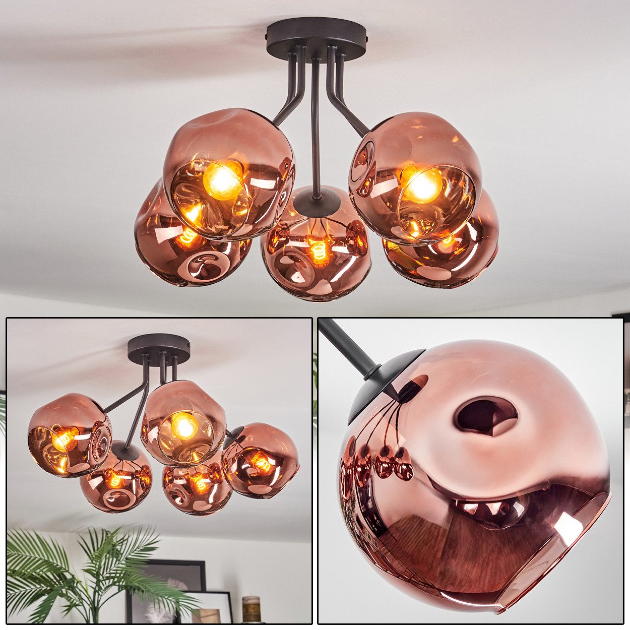 hofstein Deckenleuchte 5-flammige Deckenlampe aus Metall/Glas in Schwarz/Kupfer, moderne Leuchte im Retro/Vintage-Design (Schirme Ø 15 cm), E14, Flur