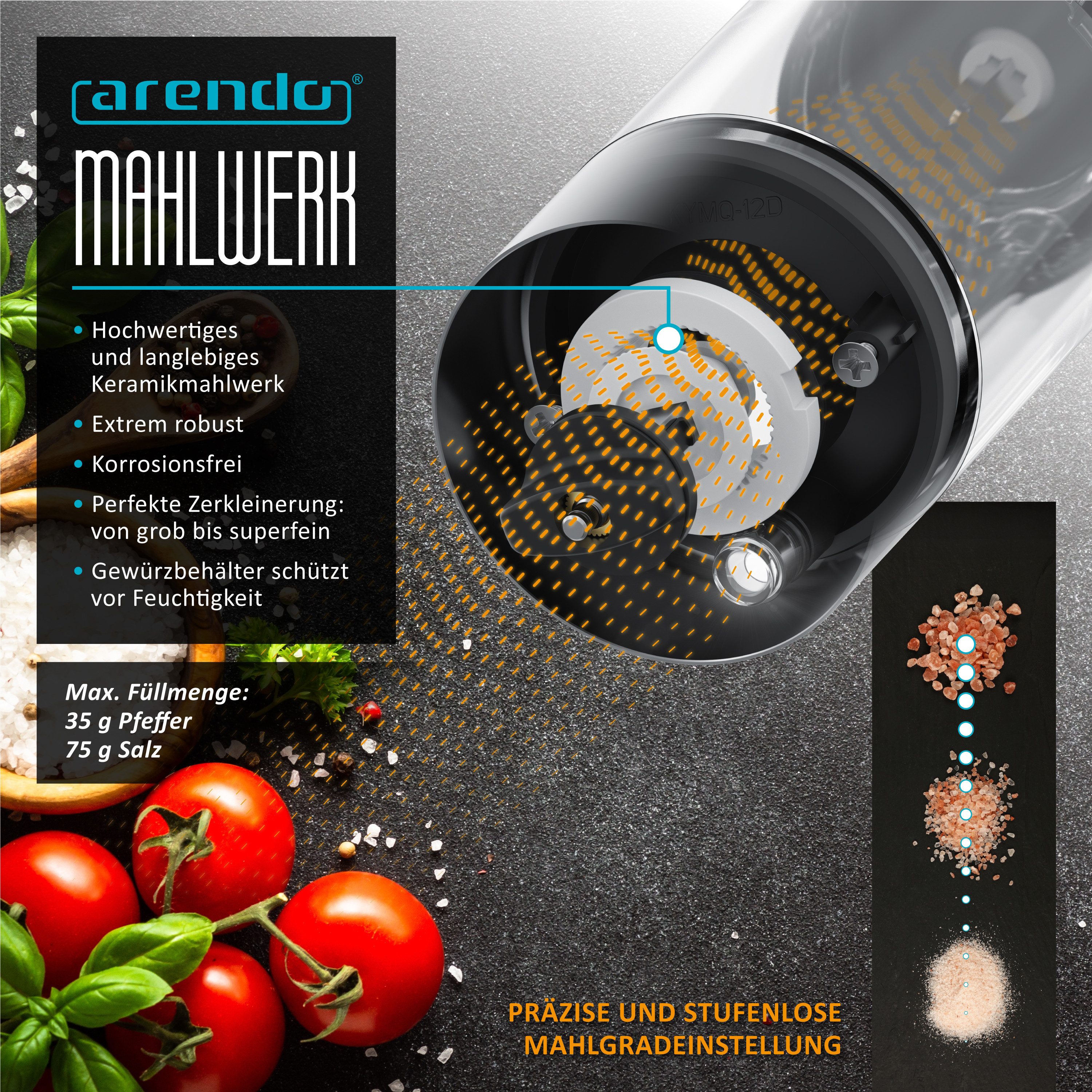 Arendo Salz-/Pfeffermühle Elektrische Salzmühle & Pfeffermühle, stufenlos einstellbar, aufladbar Akku, (2 Stück), Edelstahl, Keramikmahlwerk, 2er Set, LED-Beleuchtung, Li-Ion Akku, USB